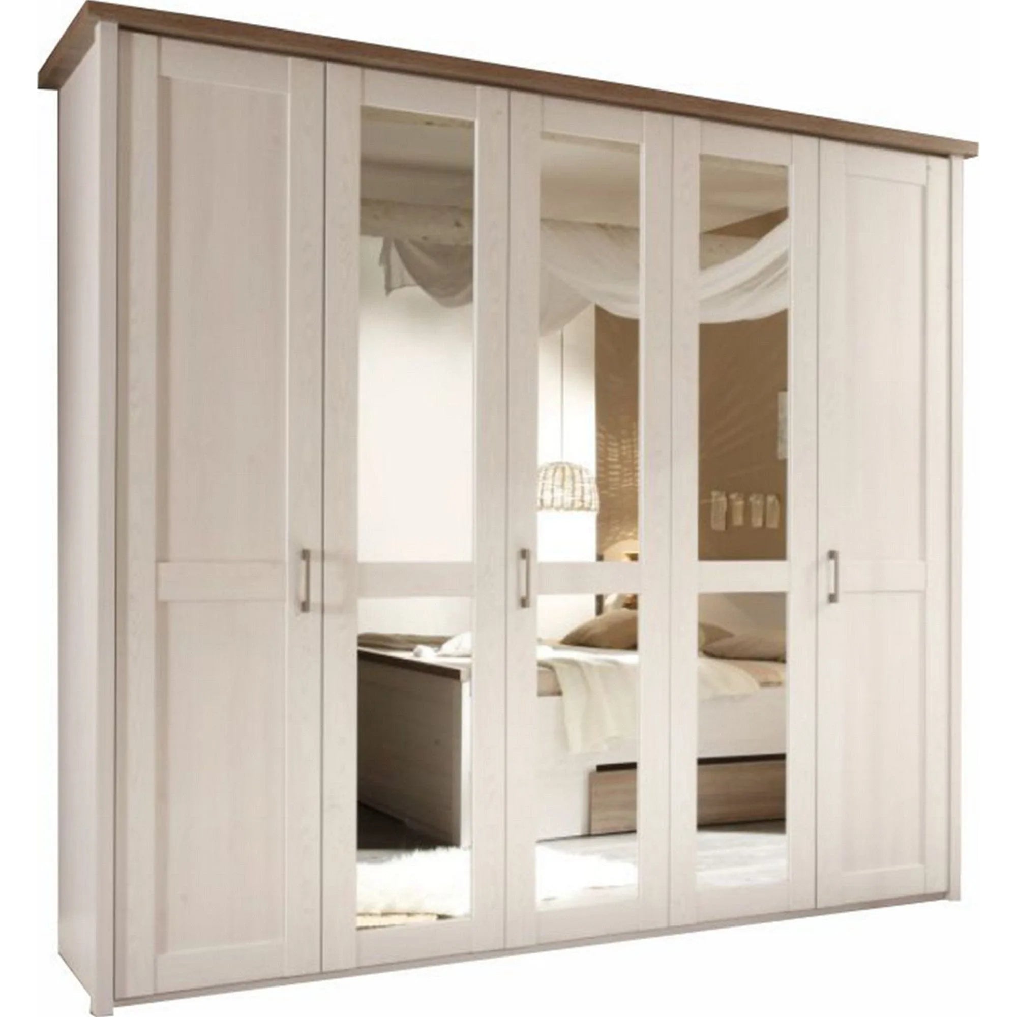 Dressing LUMERA, pin alb/stejar sonoma trufa, PAL melaminat, cu 5 usi, 241x62x212 cm