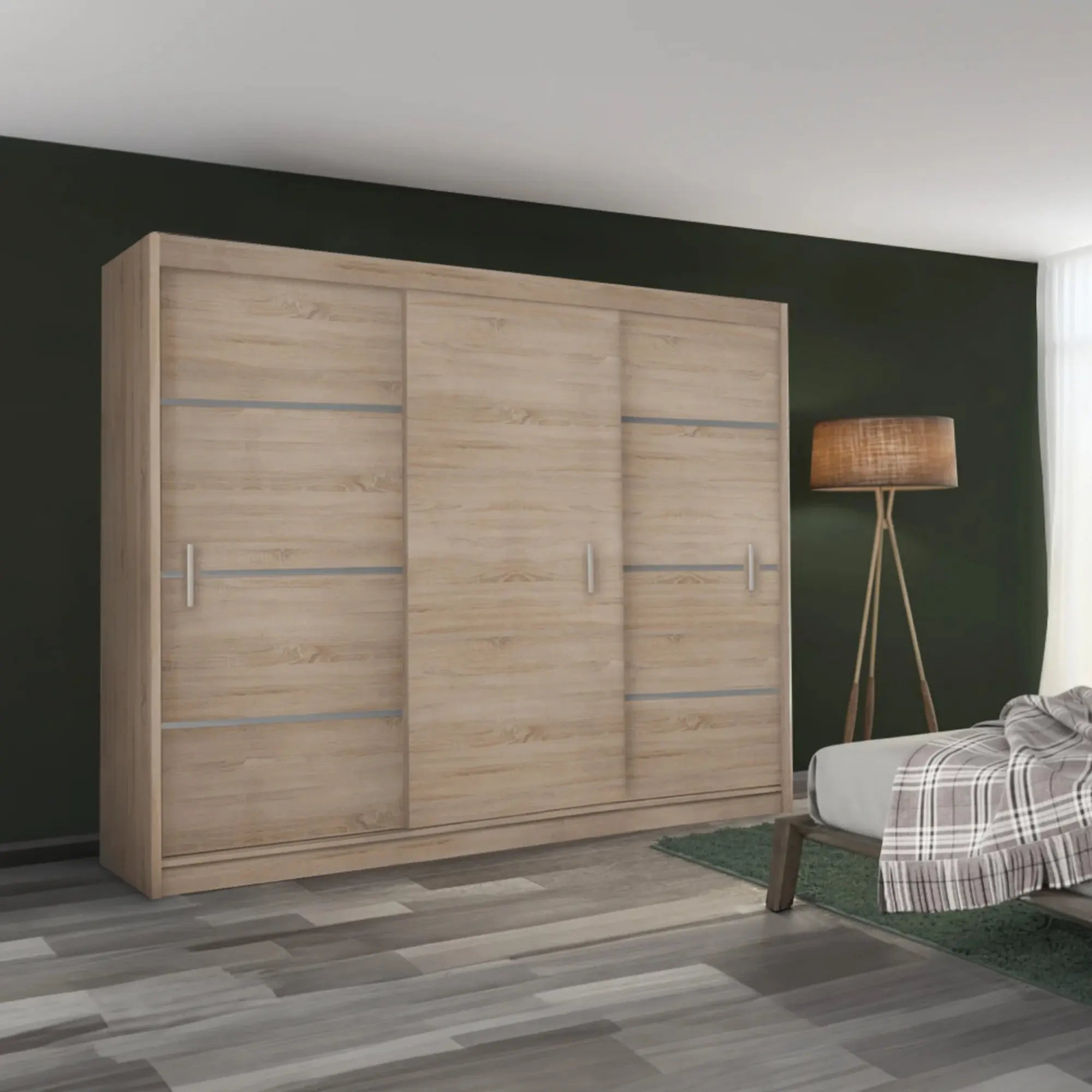 Dressing MERINA 250, stejar sonoma/gri, DTD laminat, cu 3 usi, 250x60x215 cm