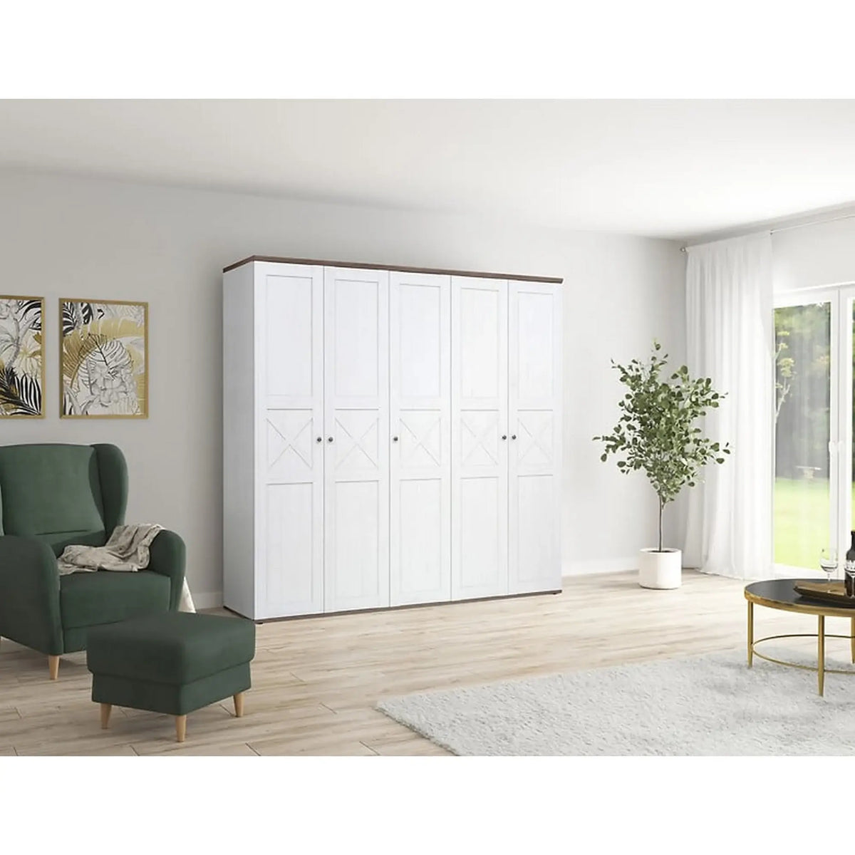 Dressing STOCKHOLM, pin alb andersen/stejar sonoma, PAL, cu 5 usi, 243x59x226 cm