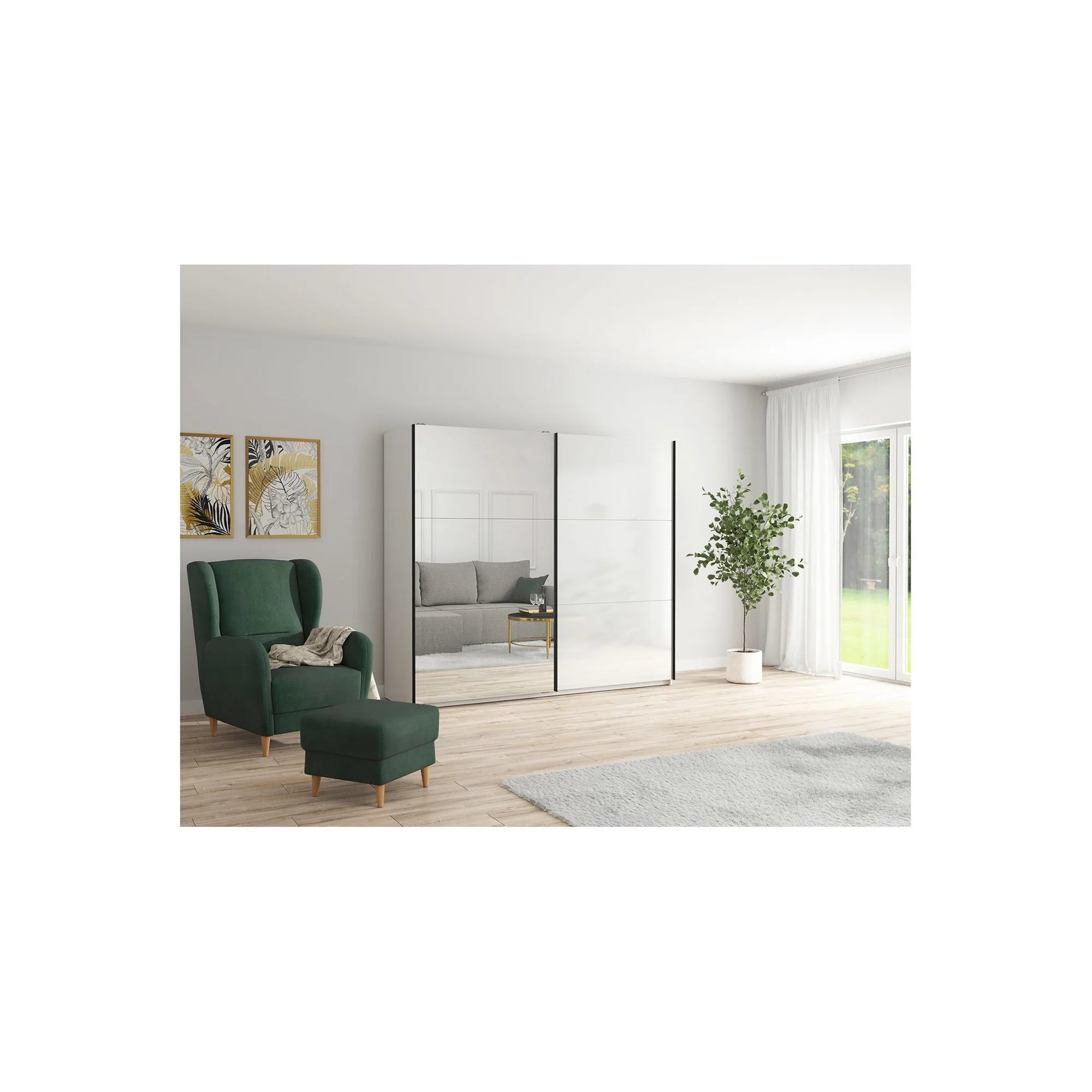 Dressing TETRIX, alb lucios, PAL, cu 2 usi si oglinda, 220x60x196 cm