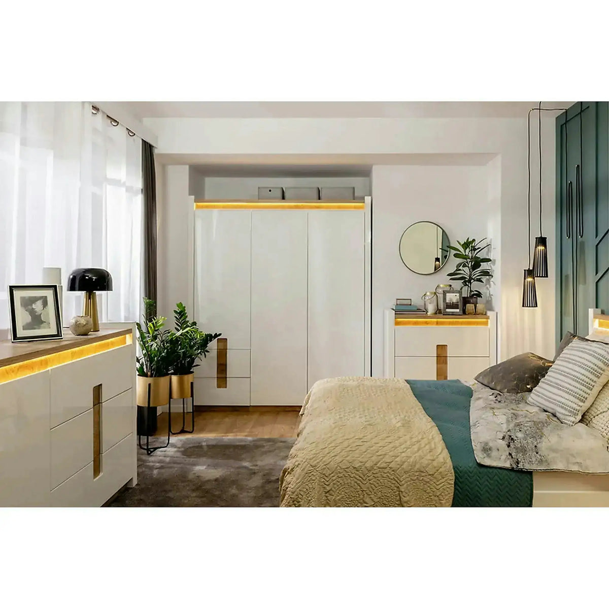 Dulap ALAMEDA, alb/stejar, PAL, cu 3 usi si 2 sertare, 180x60x202 cm