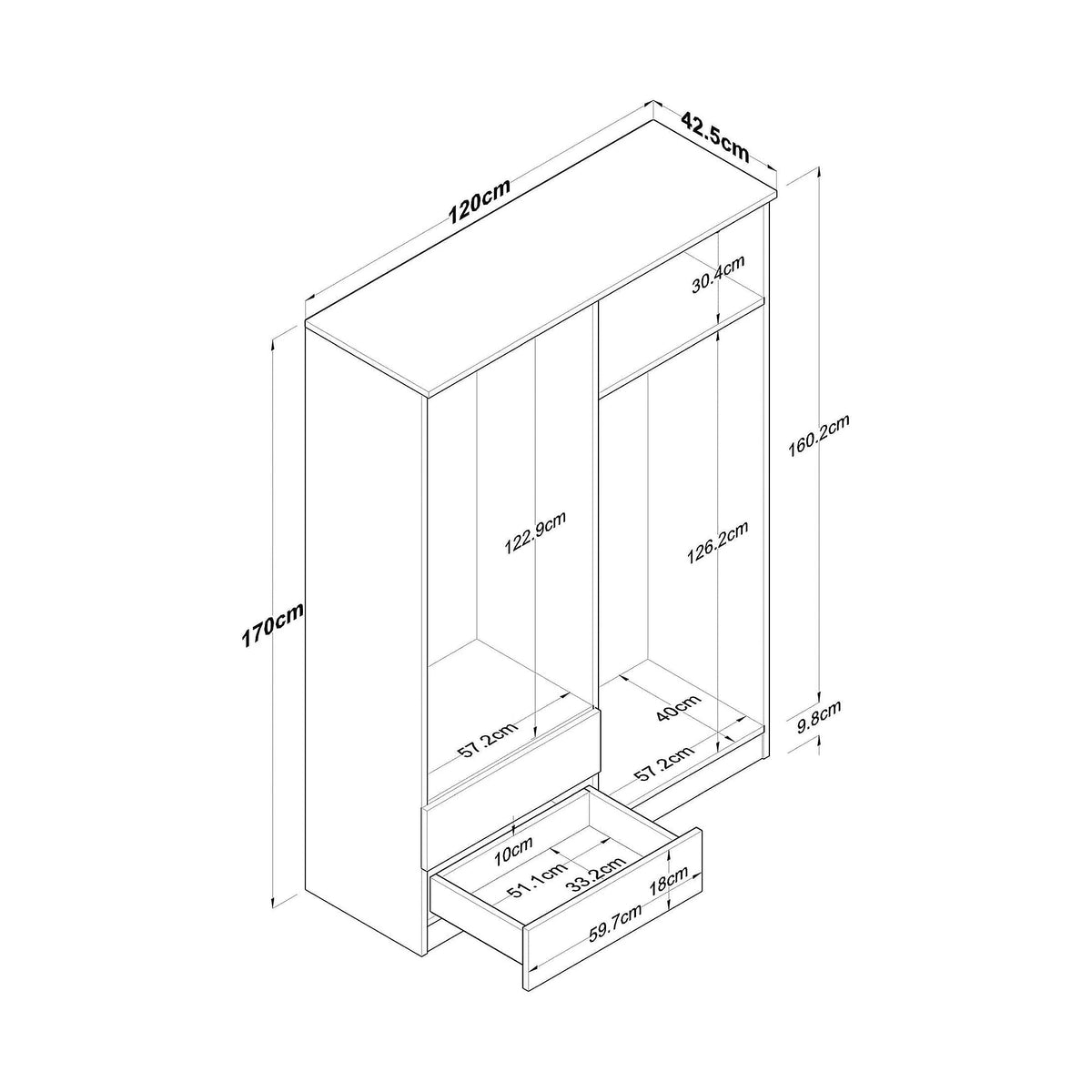 Dulap BA108-2067, alb/nuc, PAL melaminat, cu 4 usi si 2 sertare, 120x43x170 cm