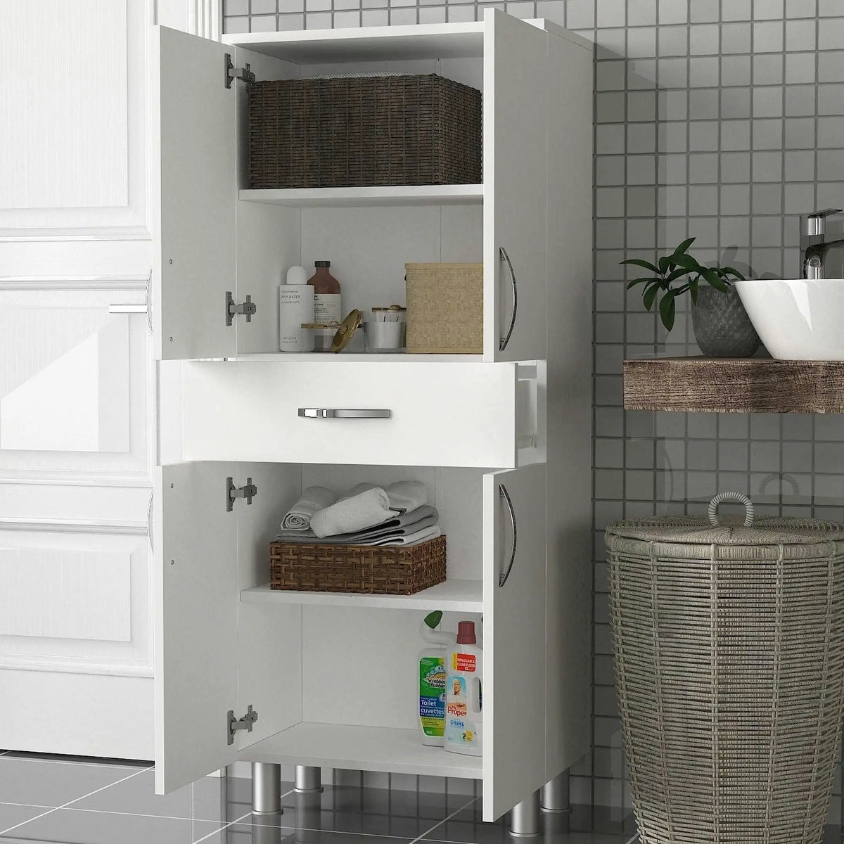 Dulap baie 731WAT3910, alb, PAL melaminat, cu 4 usi si un sertar, 59x32x140 cm