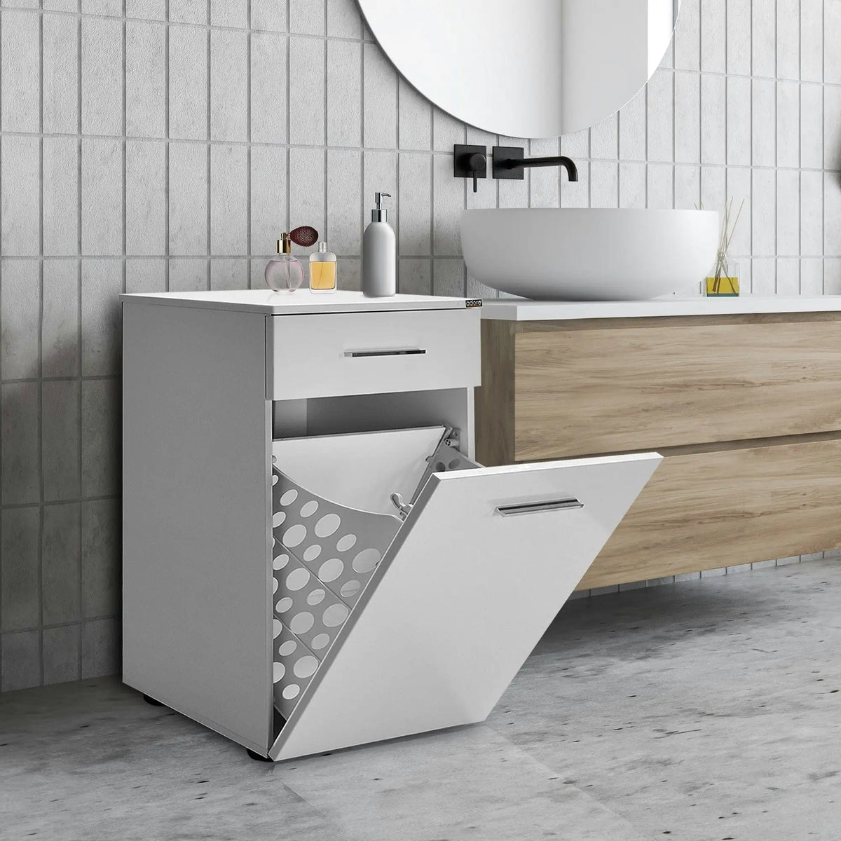Dulap baie ADR-611-PP-1, alb, PAL melaminat, cu o usa si un sertar, 52x38x83 cm