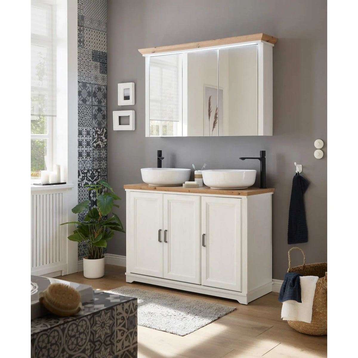 Dulap baie JASMIN, alb/stejar artisan, 116x47x74 cm