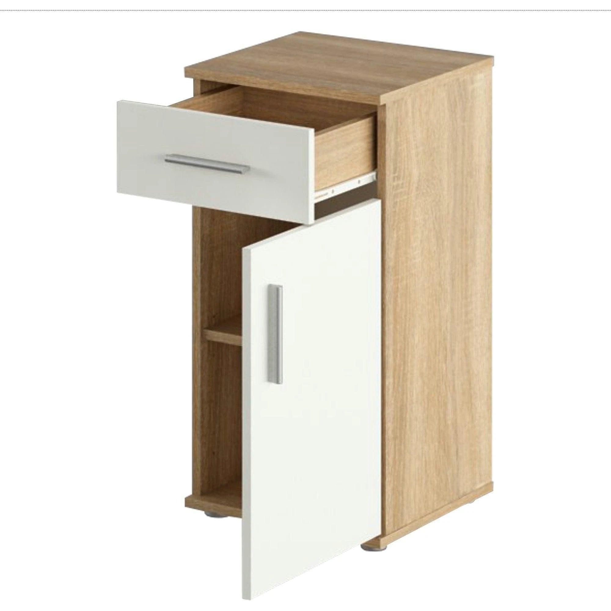 Dulap baie LESSY NEW 03, stejar sonoma/alb, DTD laminat, cu o usa si un sertar, 38x35x75 cm