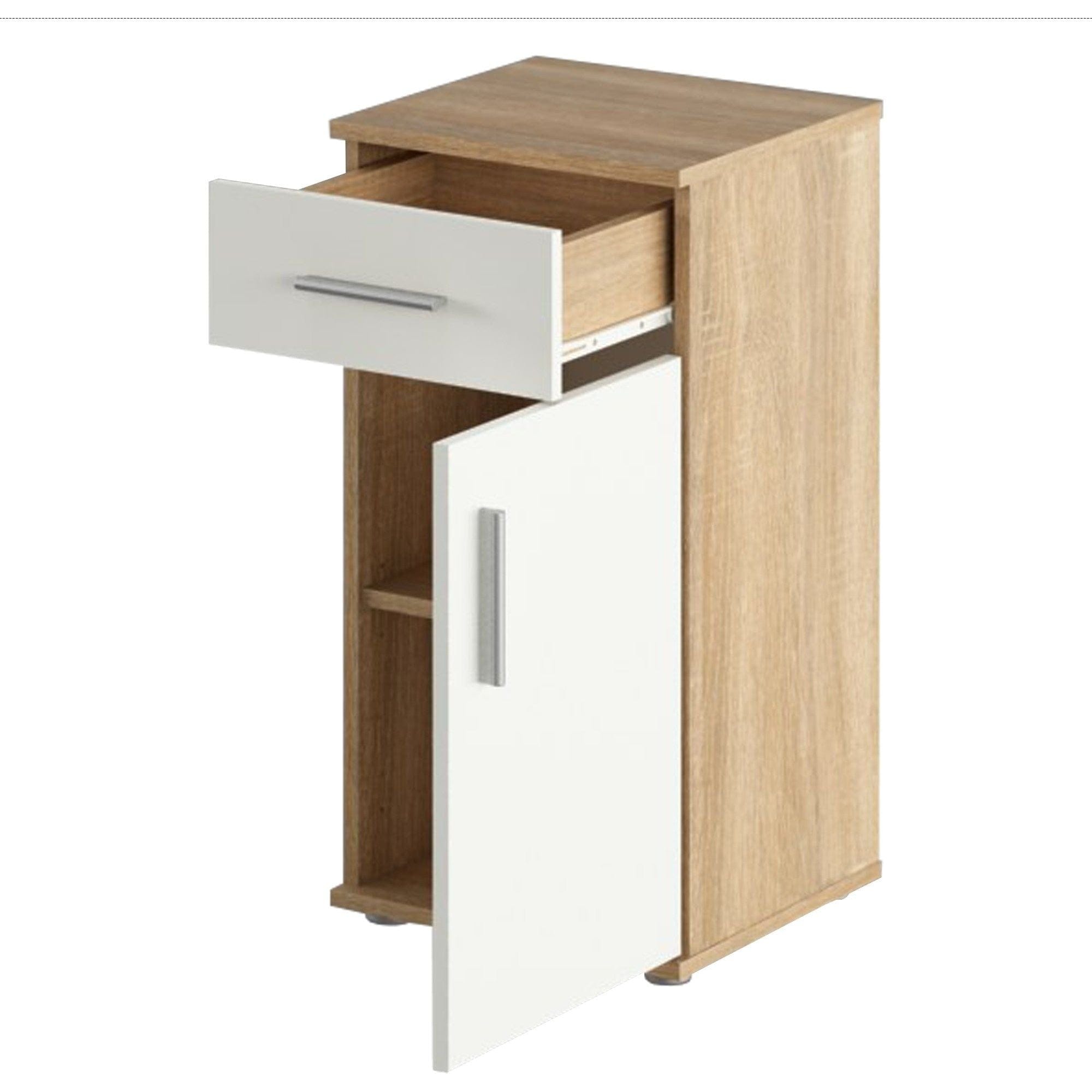 Dulap baie LESSY NEW 03, stejar sonoma/alb, DTD laminat, cu o usa si un sertar, 38x35x75 cm