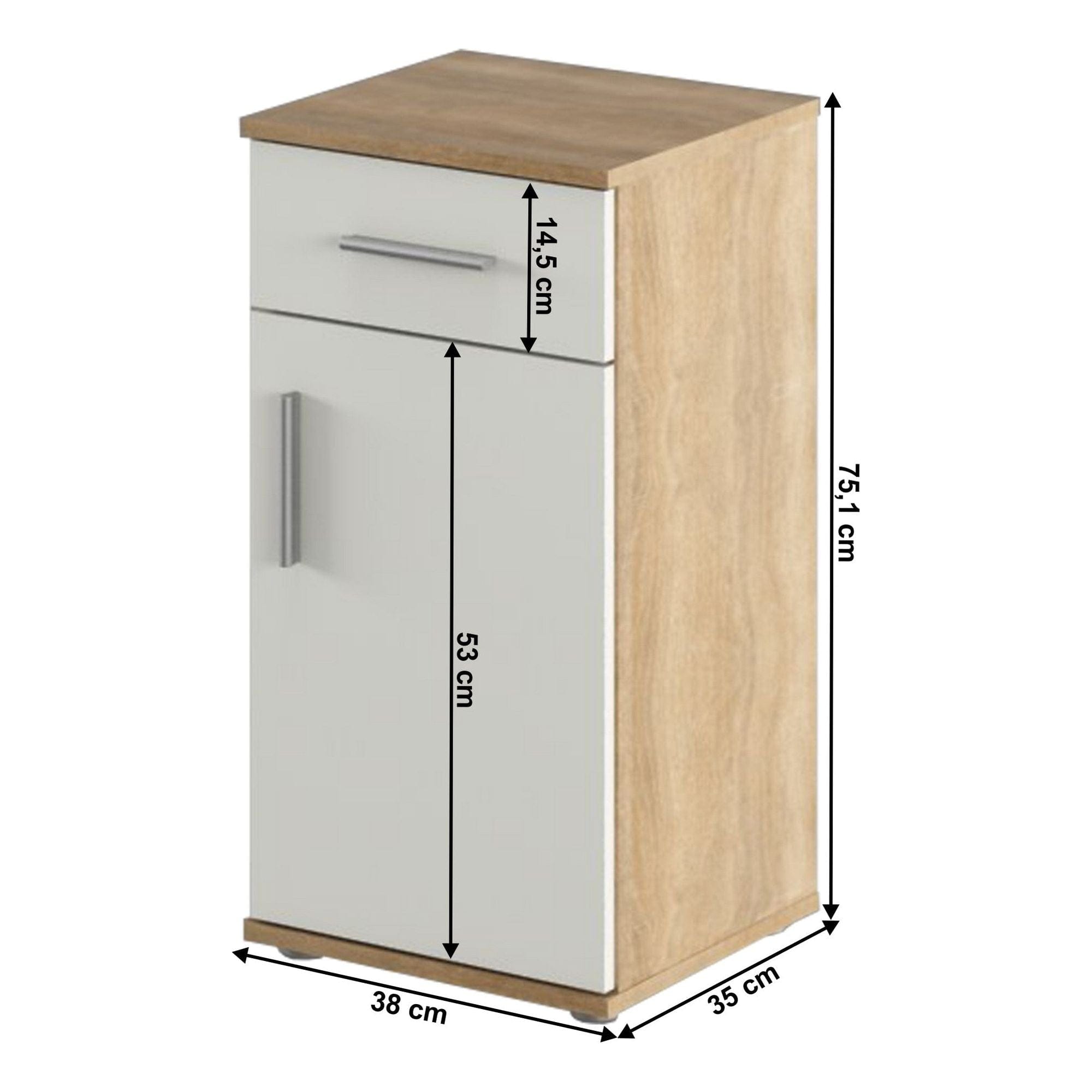 Dulap baie LESSY NEW 03, stejar sonoma/alb, DTD laminat, cu o usa si un sertar, 38x35x75 cm