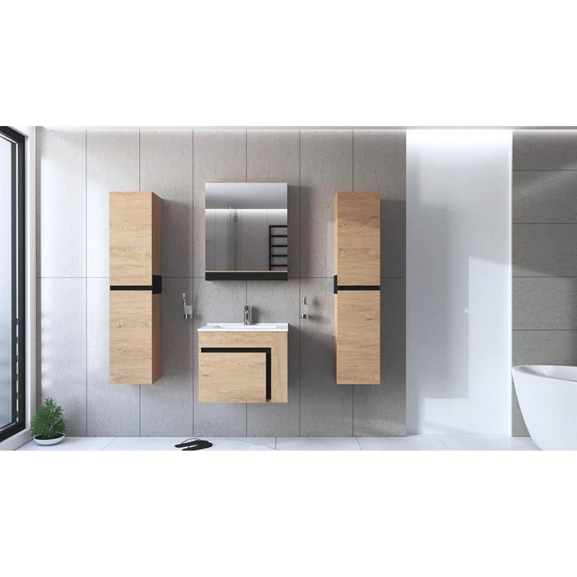 Dulap baie suspendat DUESA, stejar auriu/negru, PAL laminat, cu o usa si oglinda, 60x15x72 cm