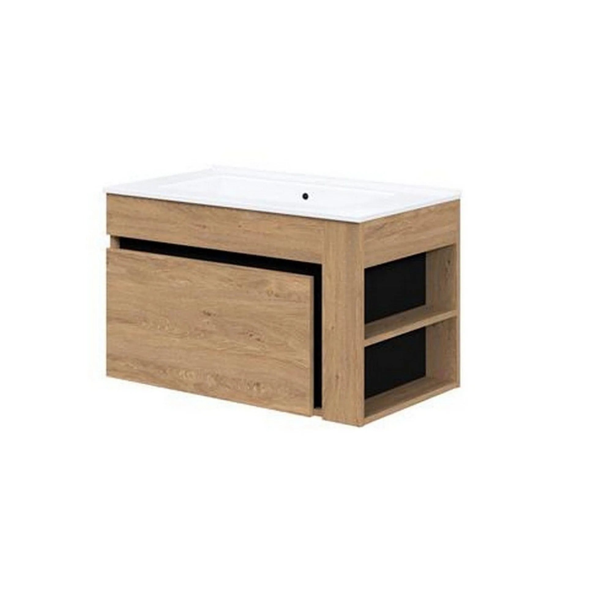 Dulap baie suspendat DUESA, stejar auriu/negru, PAL laminat, cu un sertar, pentru lavoar, 80x45x47 cm