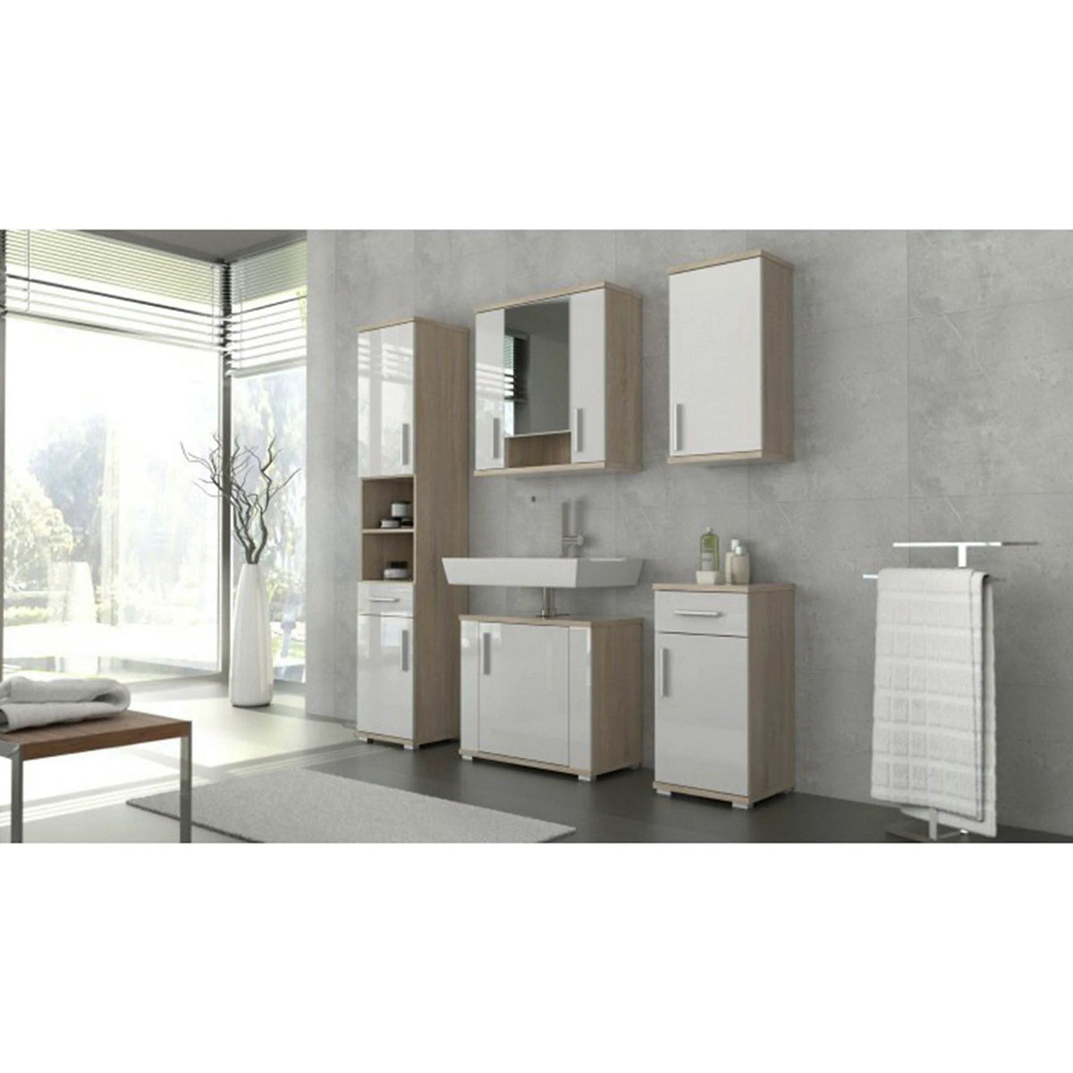 Dulap baie suspendat LESSY NEW 01, stejar sonoma/alb, DTD laminat/sticla, cu 2 usi, 69x26x72 cm