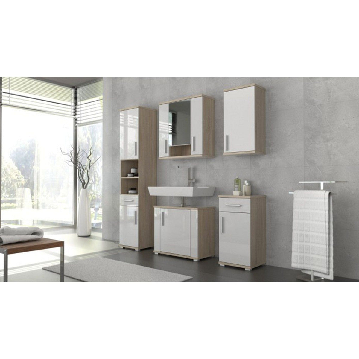 Dulap baie suspendat LESSY NEW 01, stejar sonoma/alb, DTD laminat/sticla, cu 2 usi, 69x26x72 cm