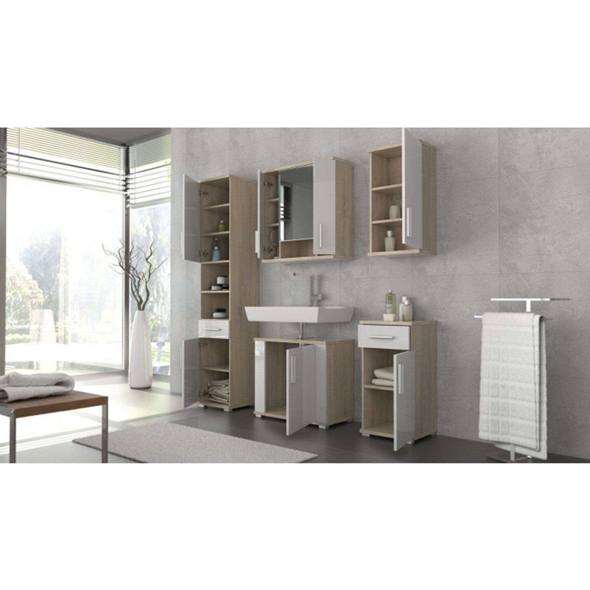 Dulap baie suspendat LESSY NEW 01, stejar sonoma/alb, DTD laminat/sticla, cu 2 usi, 69x26x72 cm