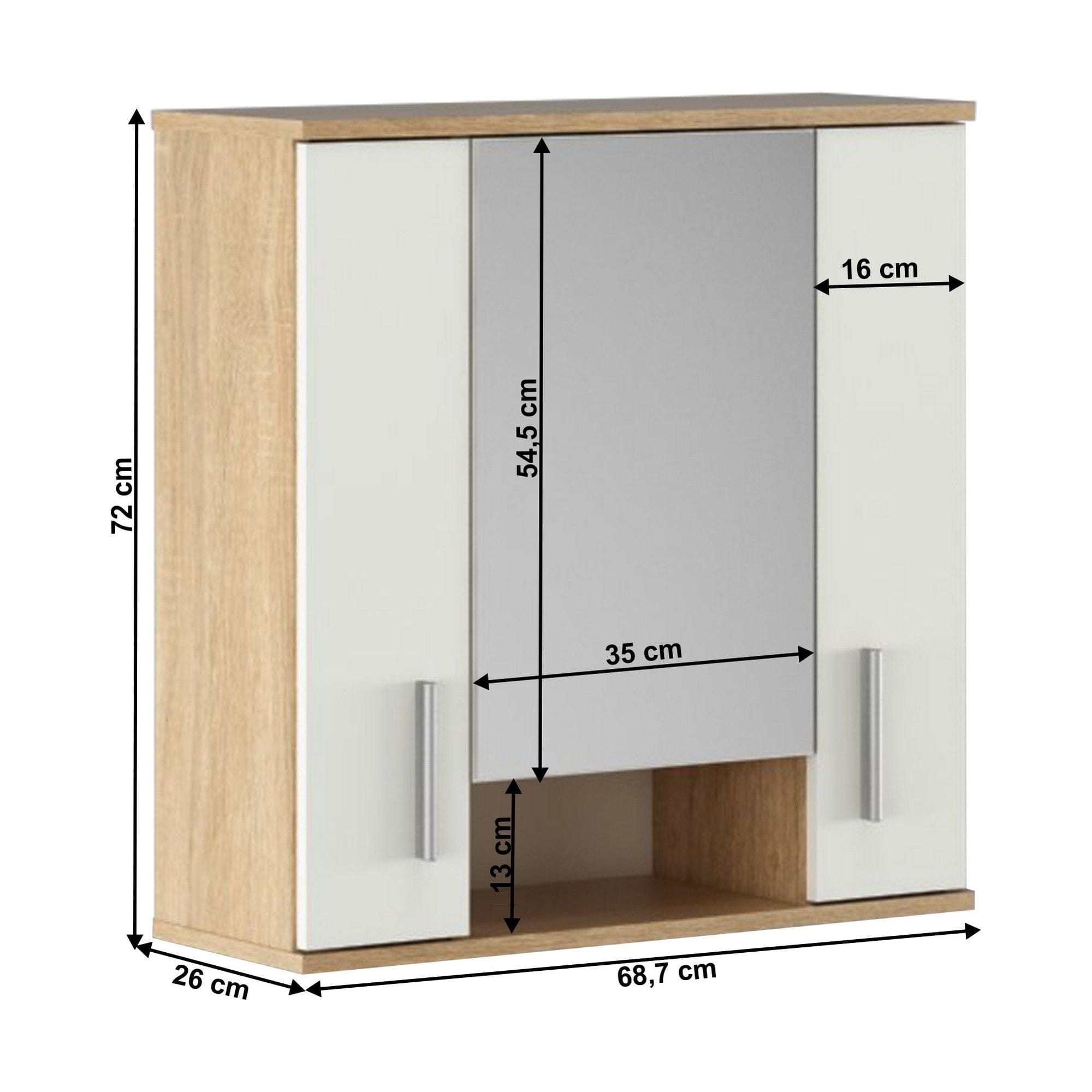 Dulap baie suspendat LESSY NEW 01, stejar sonoma/alb, DTD laminat/sticla, cu 2 usi, 69x26x72 cm