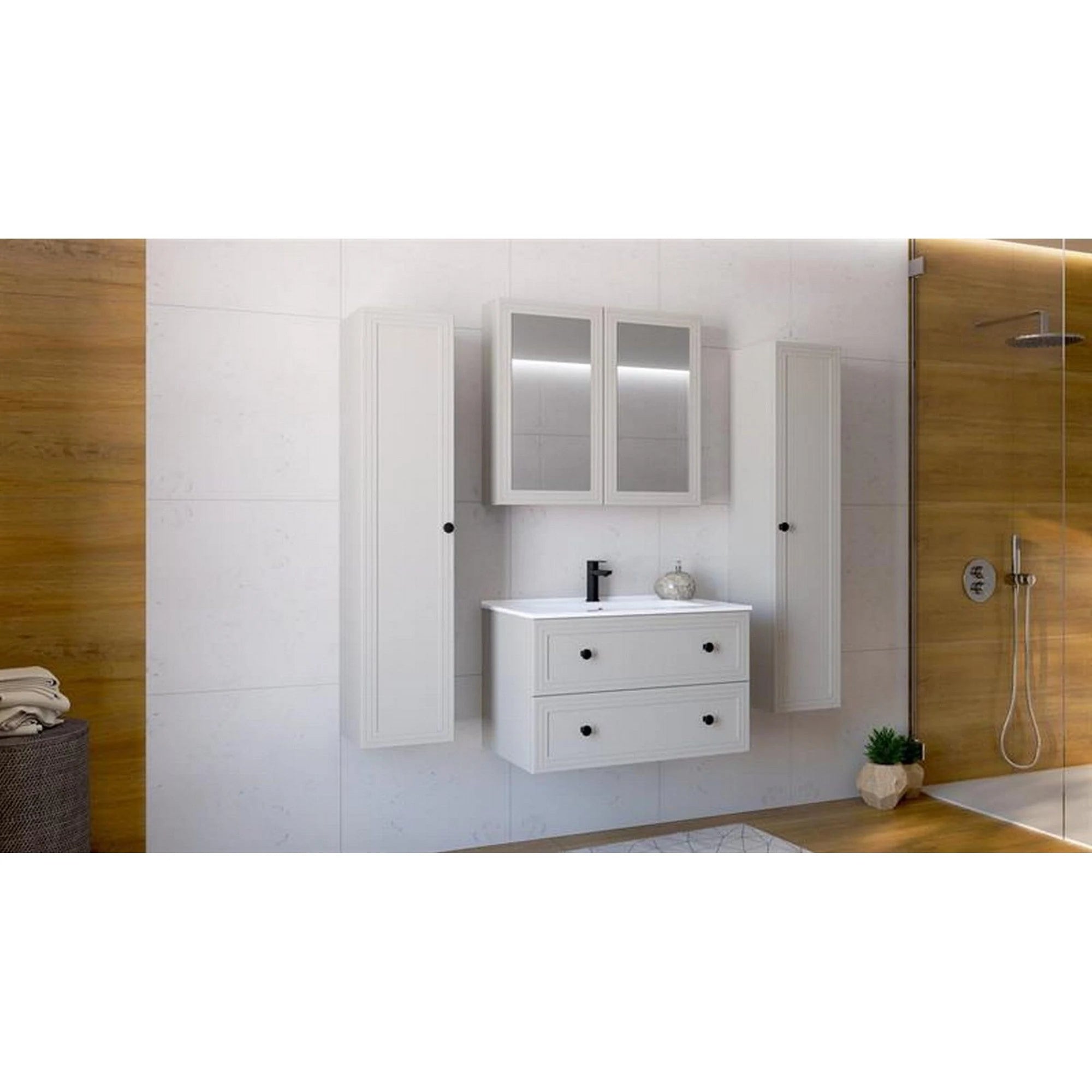 Dulap baie TORETO, casmir mat, PAL laminat, cu oglinzi, 80x15x70 cm