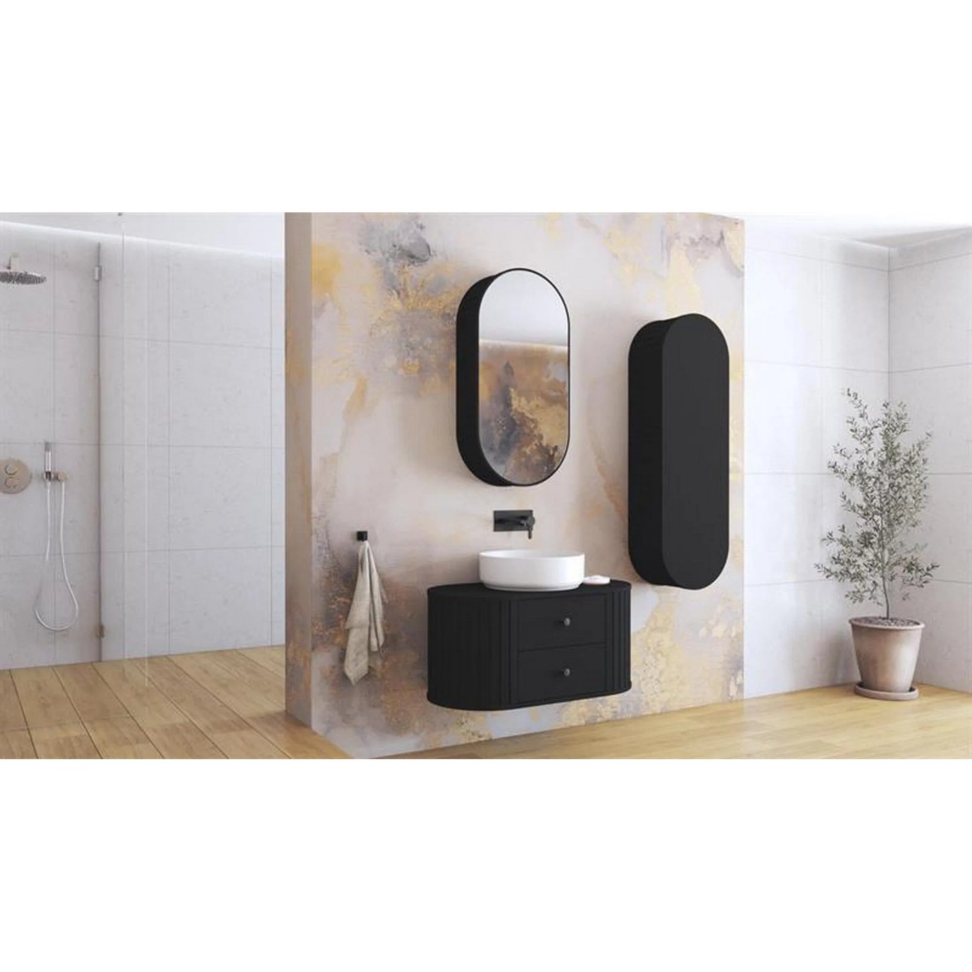 Dulap baie VENEZIA, negru mat, PAL laminat, cu oglinda, 48x19x95 cm