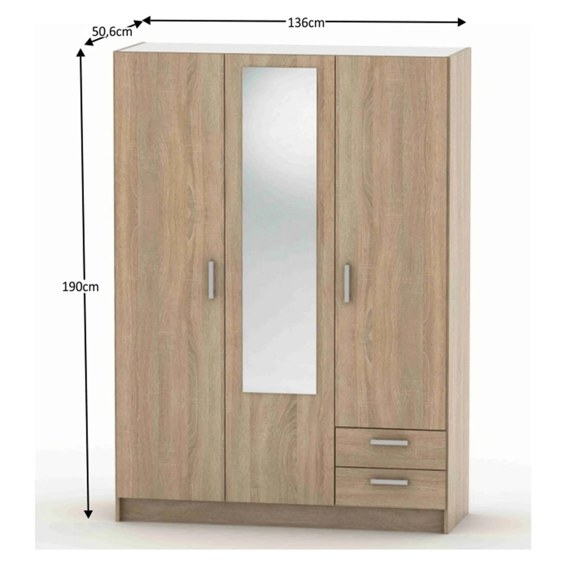 Dulap BETTY 7 BE07-001-00, stejar sonoma, DTD laminat, cu 3 usi si 2 sertare, 136x51x190 cm