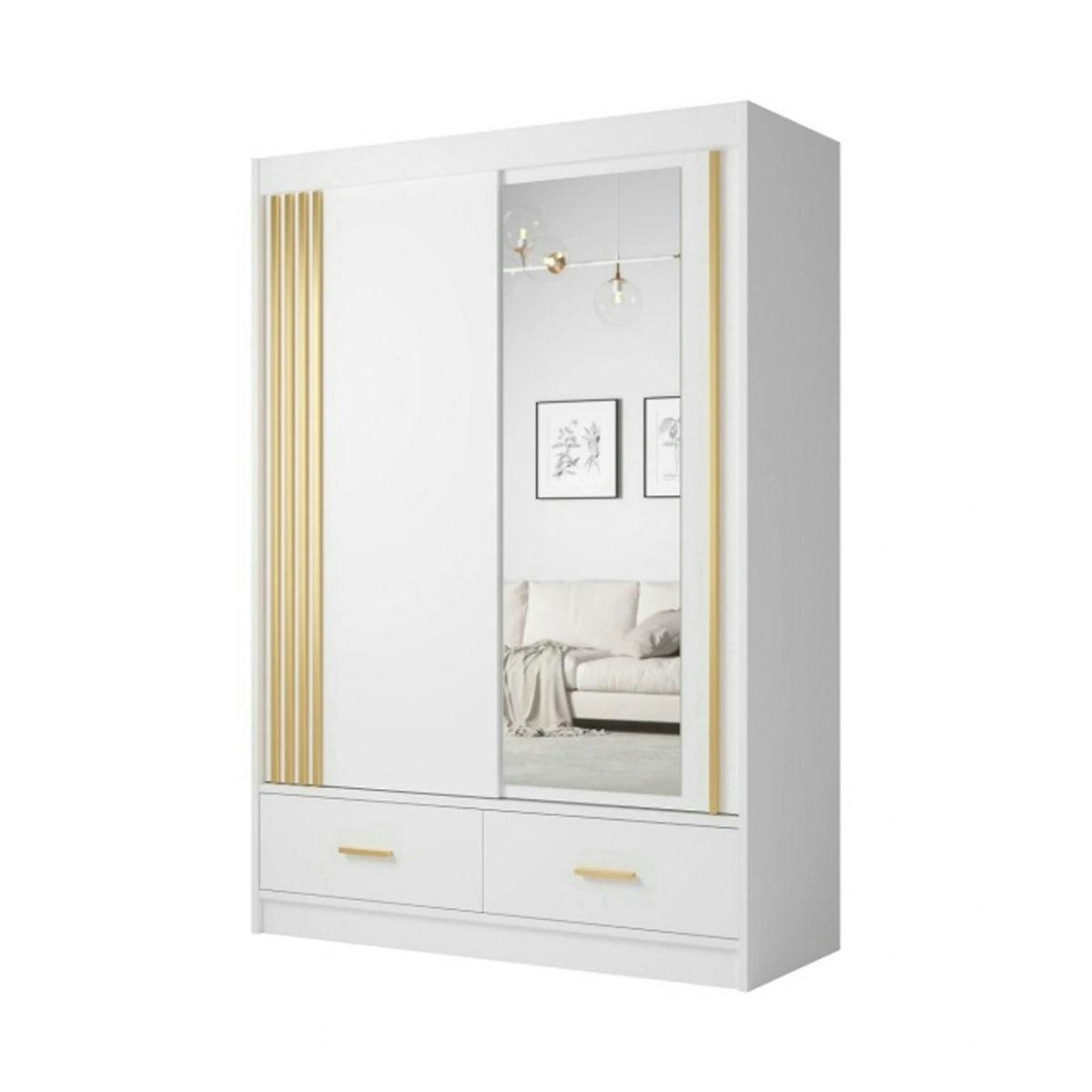 Dulap CANADA CA25-150, alb/auriu, PAL, cu 2 usi si 2 sertare, 150x60x215 cm