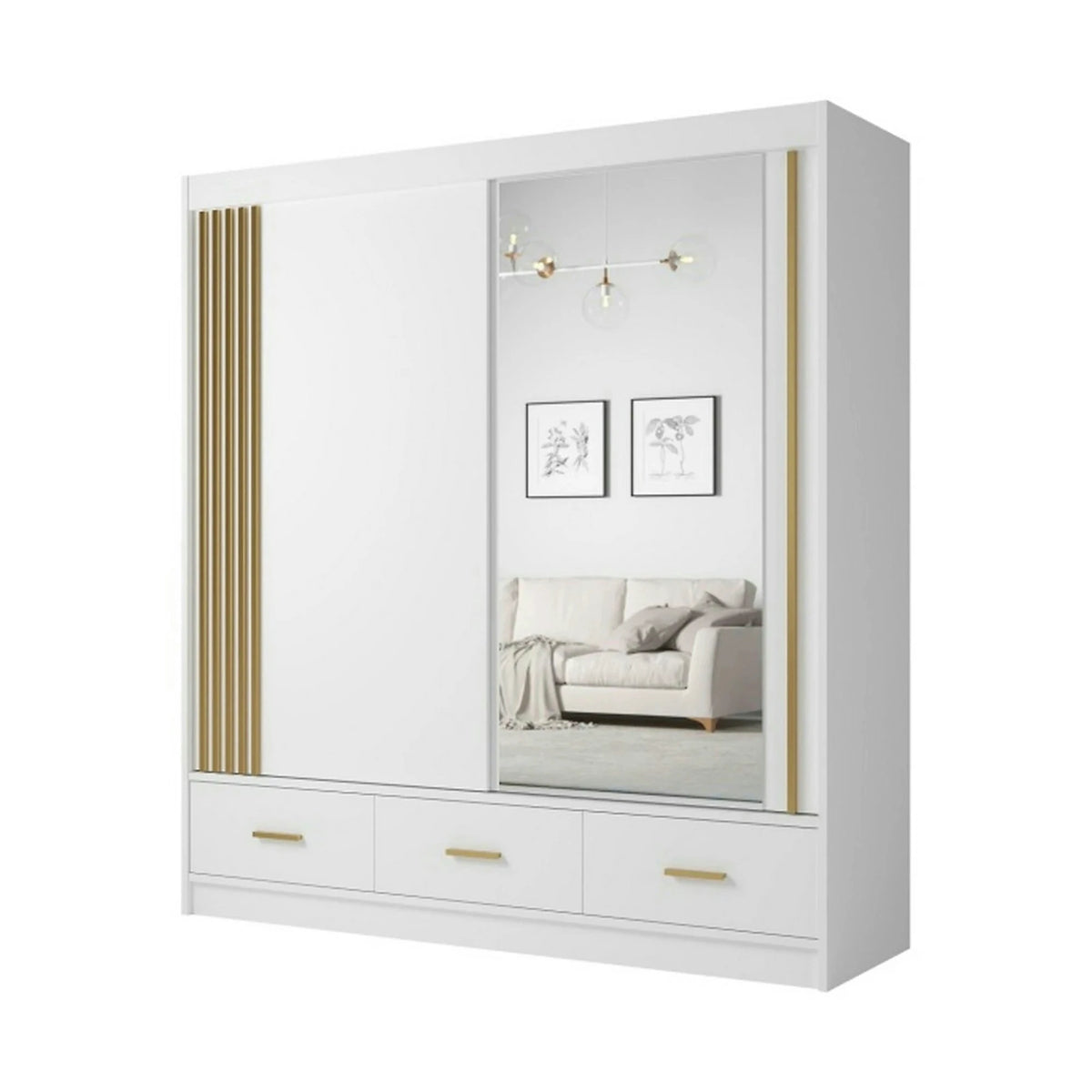 Dulap CANADA CA25-200, alb/auriu, PAL, cu 2 usi si 3 sertare, 200x60x215 cm