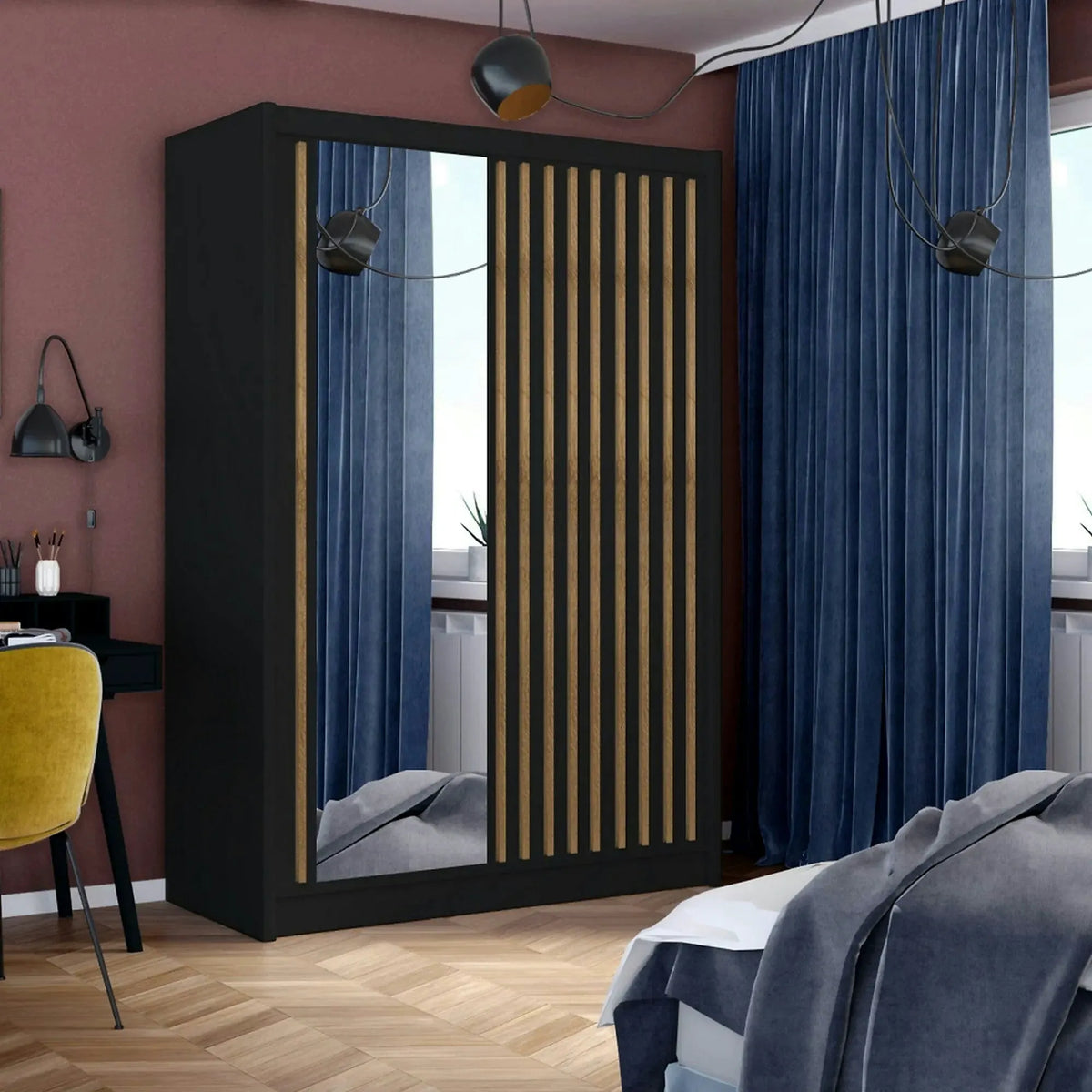 Dulap cu bara LADDER, negru/stejar craft, PAL melaminat, cu 2 usi, 150x61x215 cm