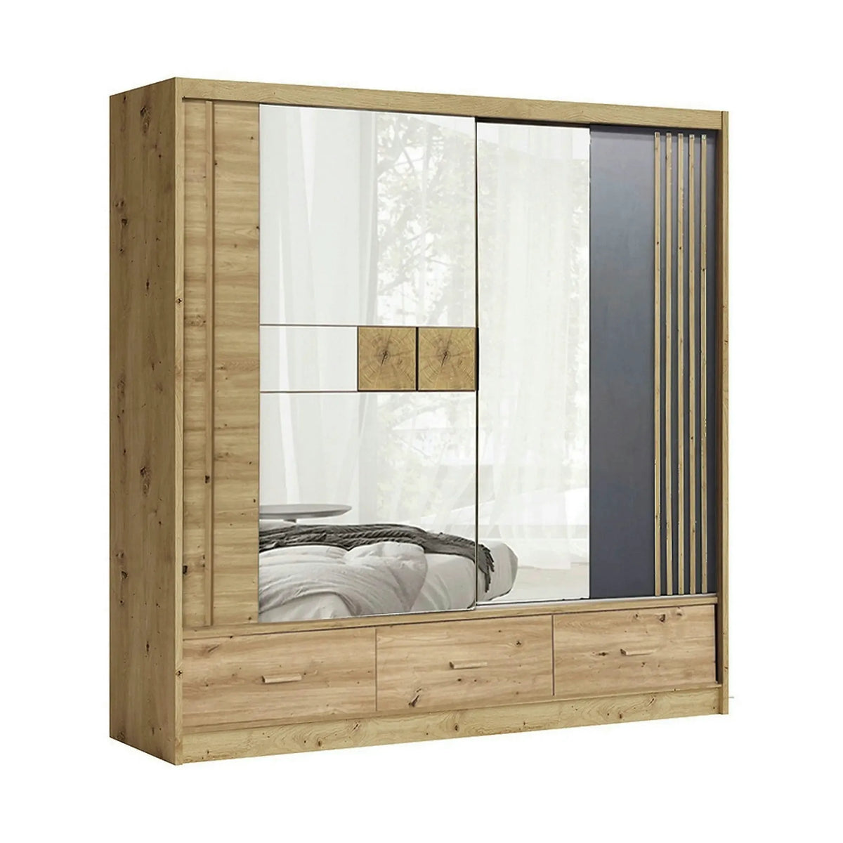 Dulap cu oglinda si sertare CANADA CA2-200, stejar artisan/gri grafit, PAL, cu 2 usi si 3 sertare, 200x60x215 cm
