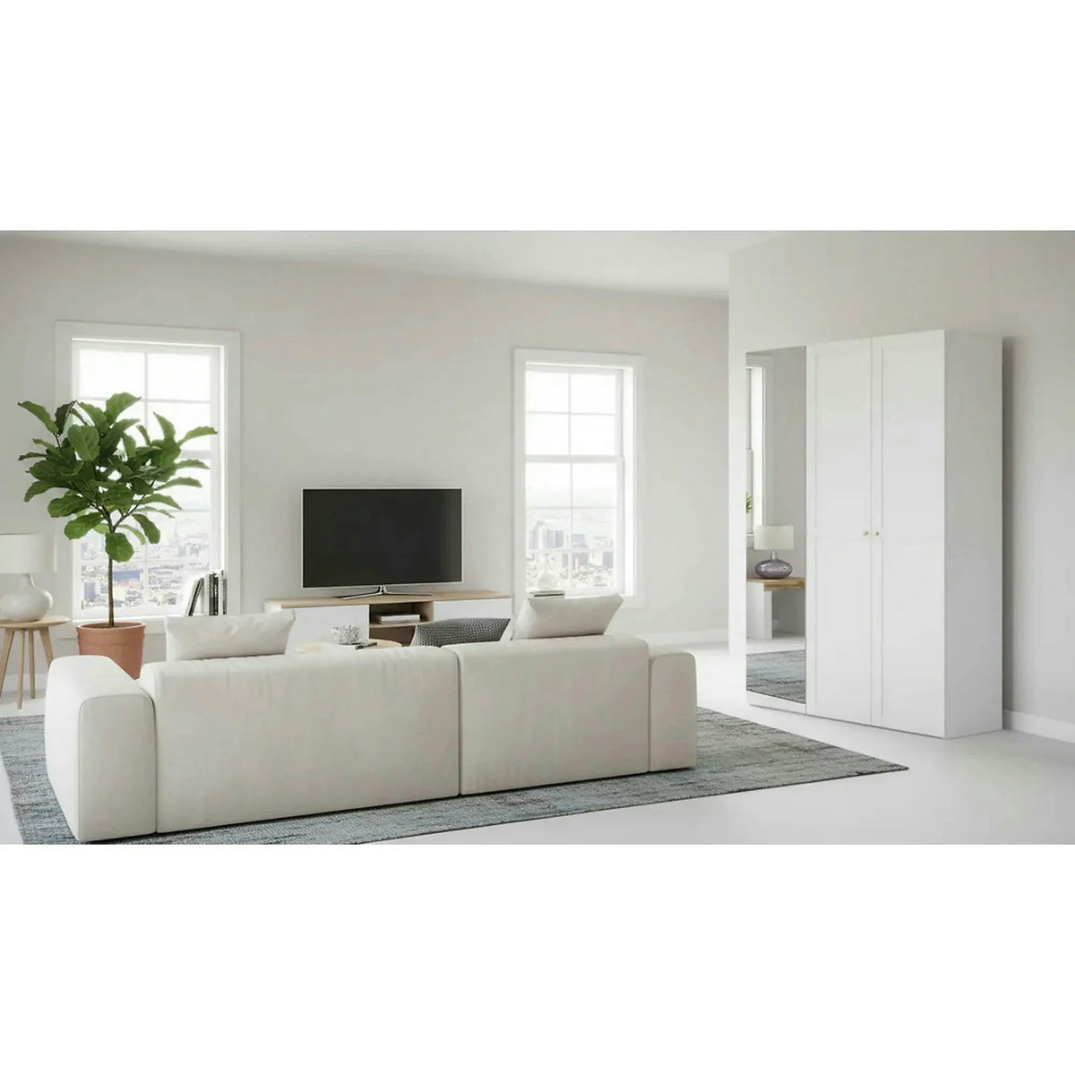 Dulap FLEX, alb/auriu, PAL, cu 3 usi si oglinda, 150x45x240 cm