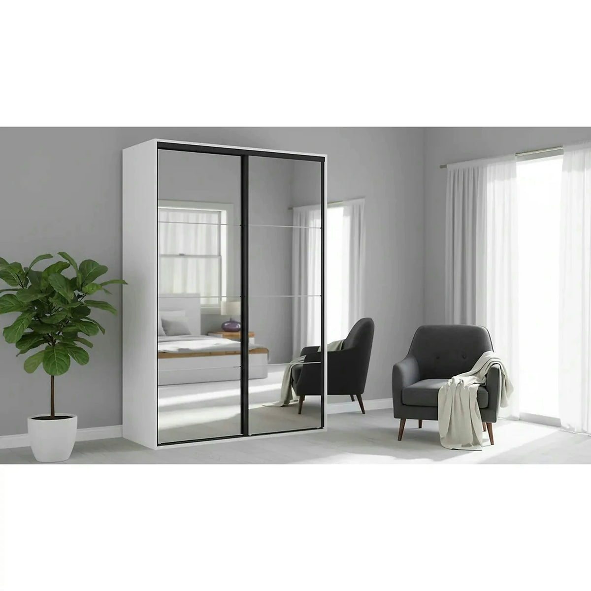 Dulap FLEX, alb, PAL, cu 2 usi si oglinda, 150x66x240 cm
