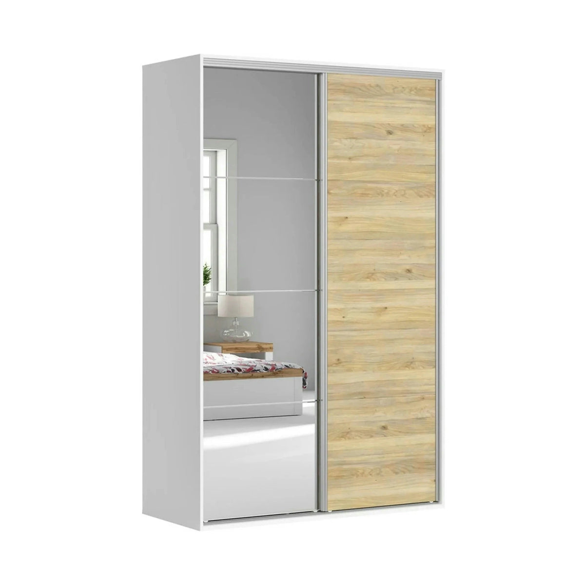 Dulap FLEX, alb/stejar, PAL, cu 2 usi si oglinda, 150x66x240 cm