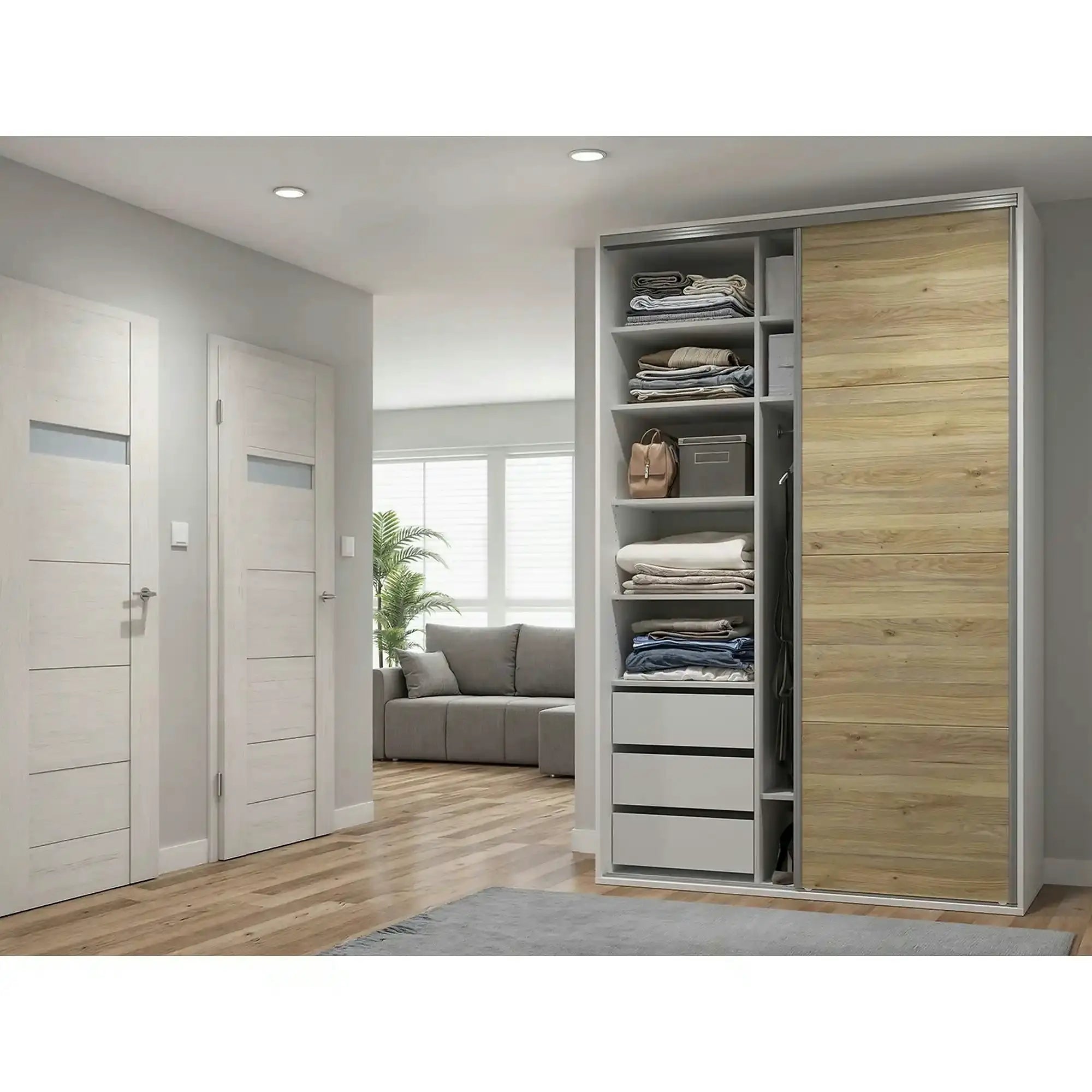 Dulap FLEX, alb/stejar, PAL, cu 2 usi si oglinda, 150x66x240 cm