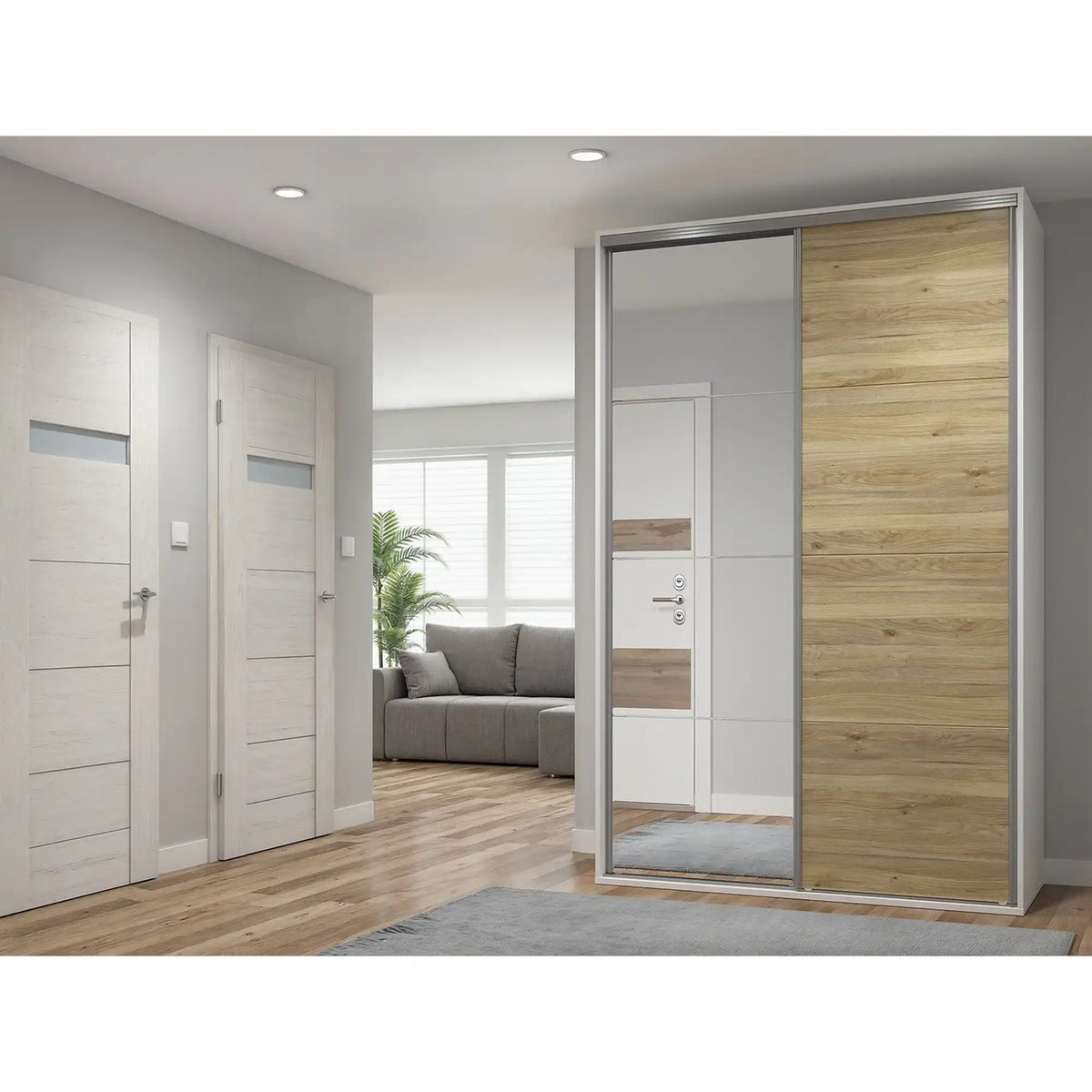 Dulap FLEX, alb/stejar, PAL, cu 2 usi si oglinda, 150x66x240 cm