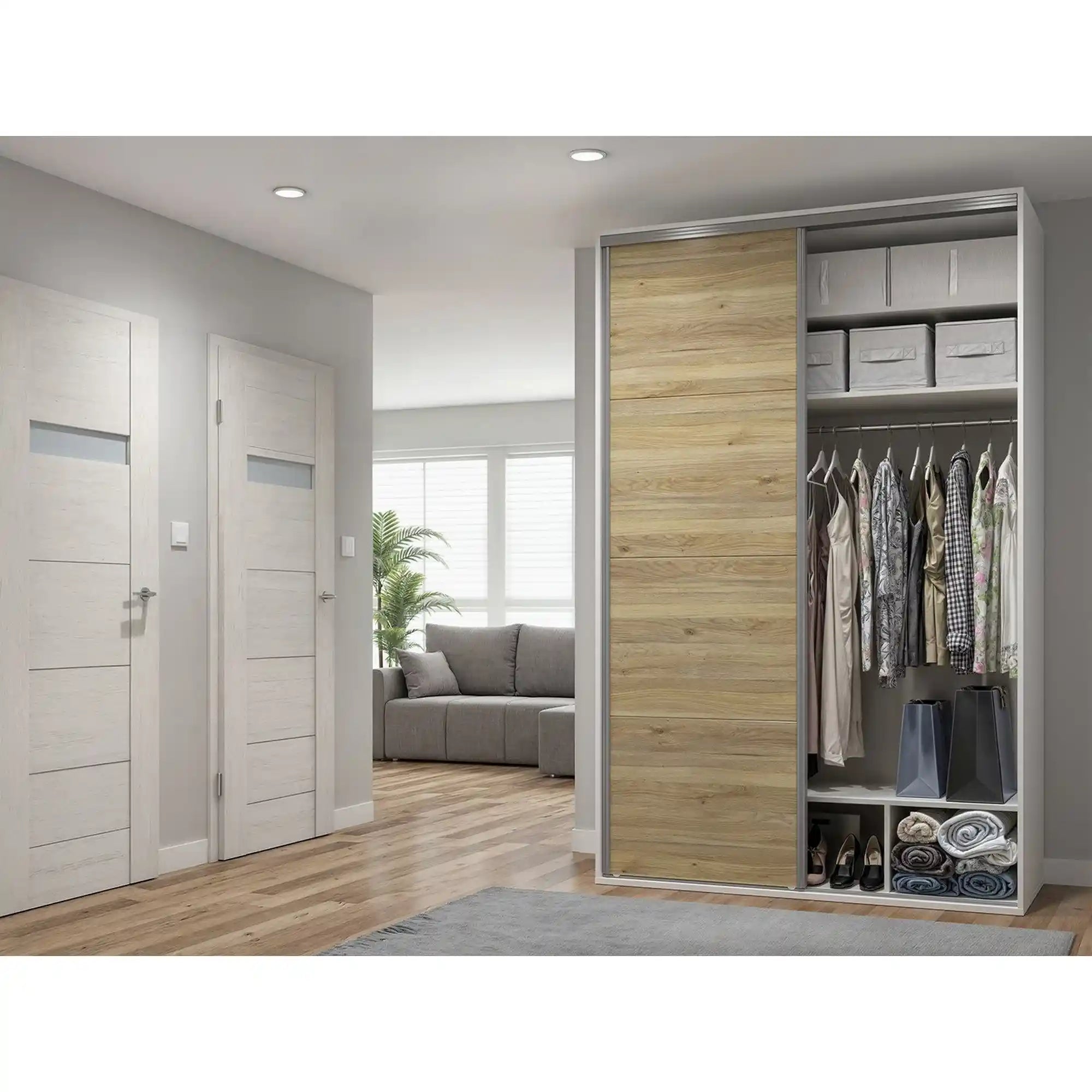 Dulap FLEX, alb/stejar, PAL, cu 2 usi si oglinda, 150x66x240 cm