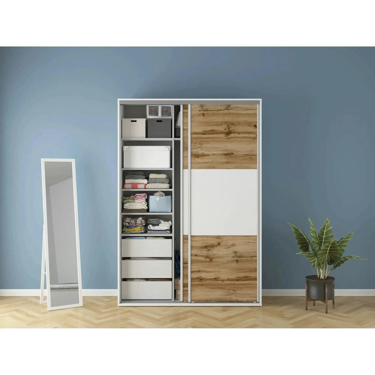 Dulap FLEX, alb/stejar wotan, PAL, cu 2 usi, 150x45x218 cm