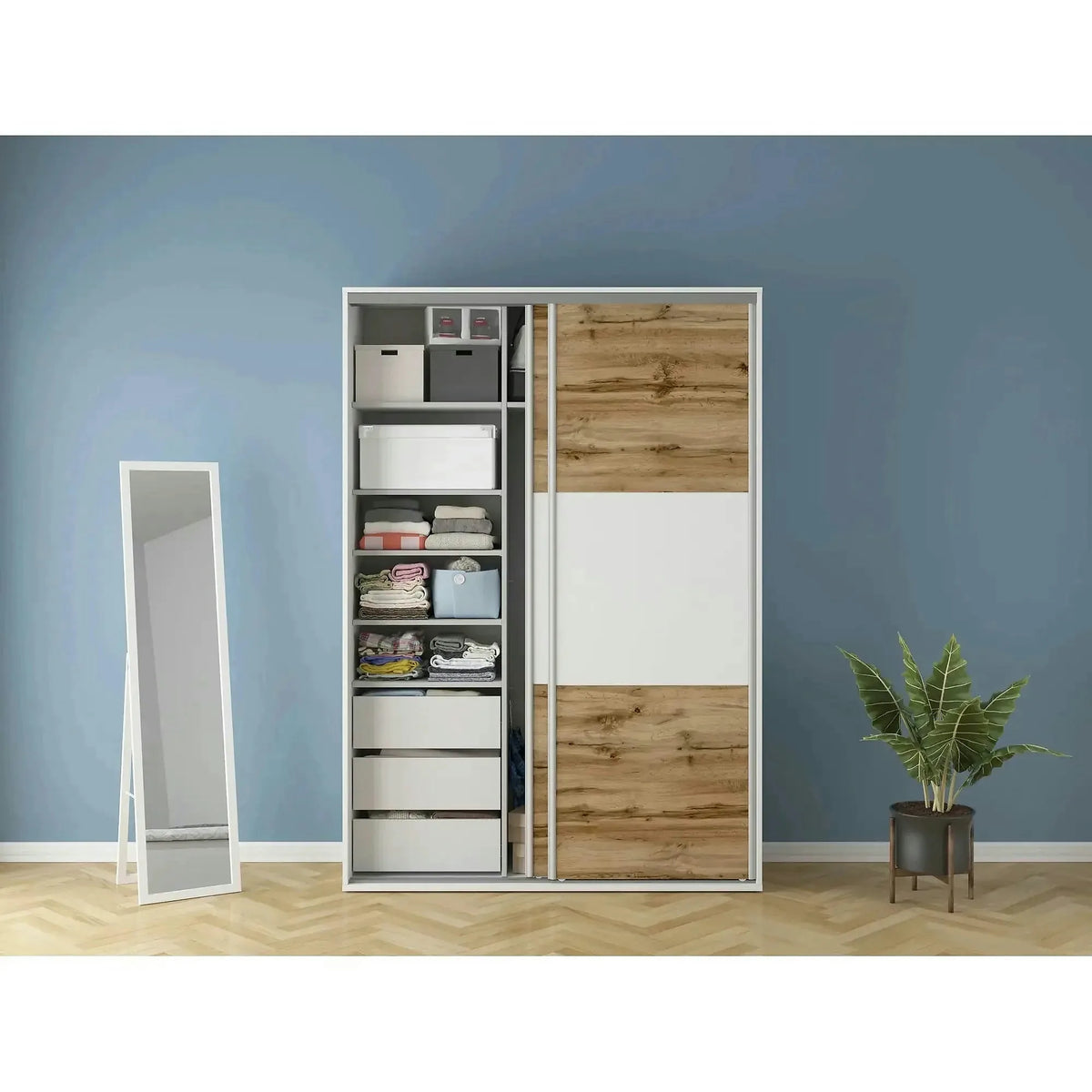 Dulap FLEX, alb/stejar wotan, PAL, cu 2 usi, 150x45x218 cm