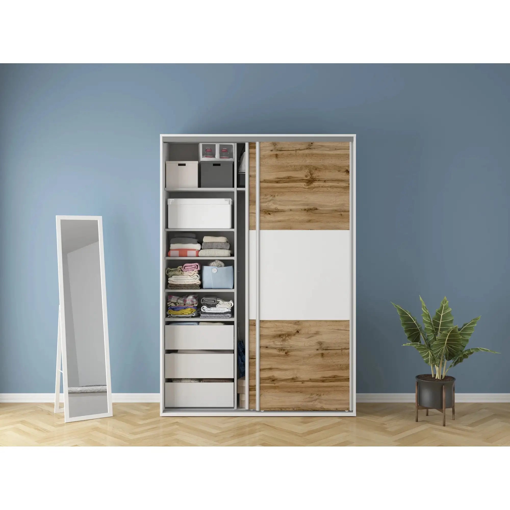 Dulap FLEX, alb/stejar wotan, PAL, cu 2 usi, 150x45x218 cm