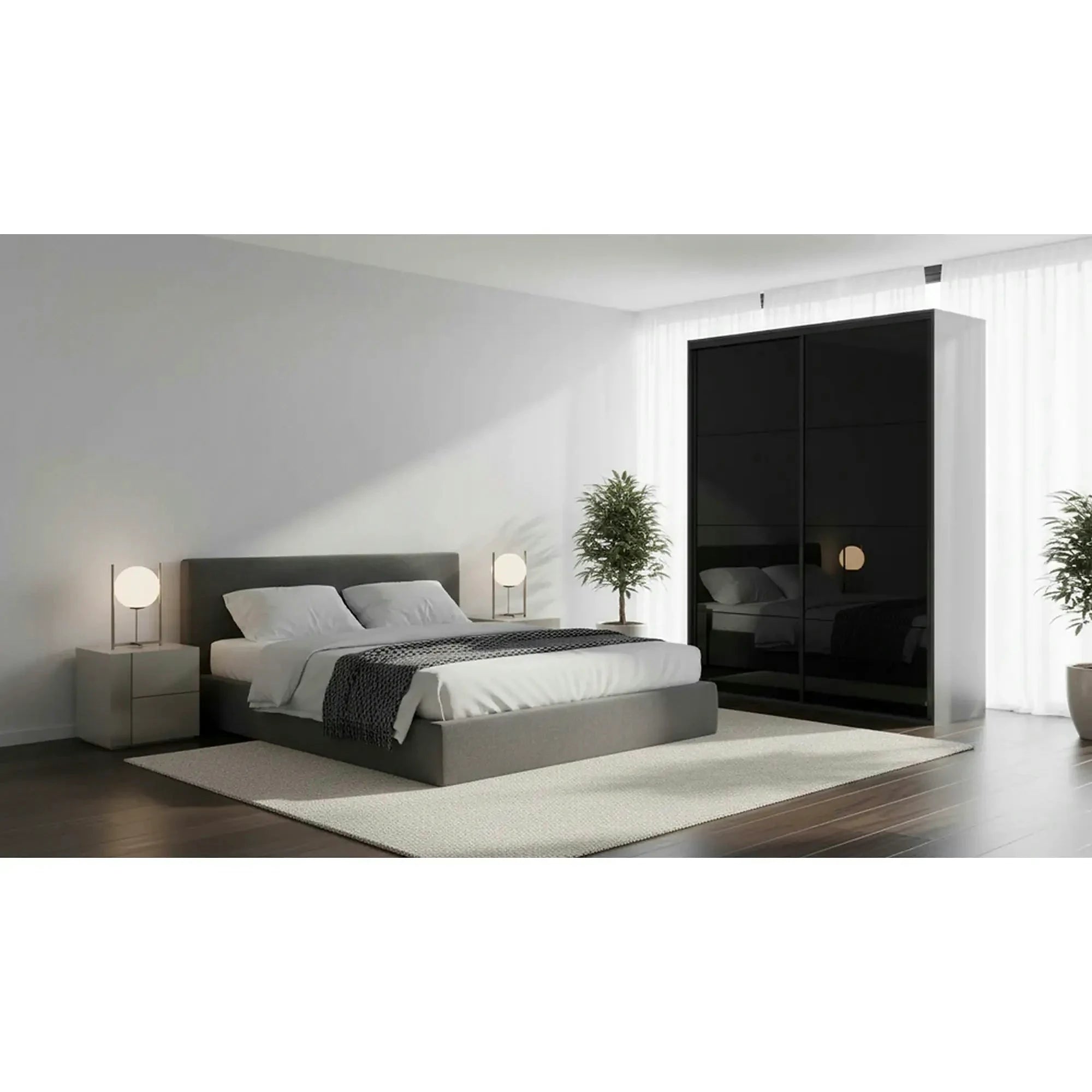 Dulap FLEX, gri grafit/negru lucios, PAL, cu 2 usi, 150x66x240 cm