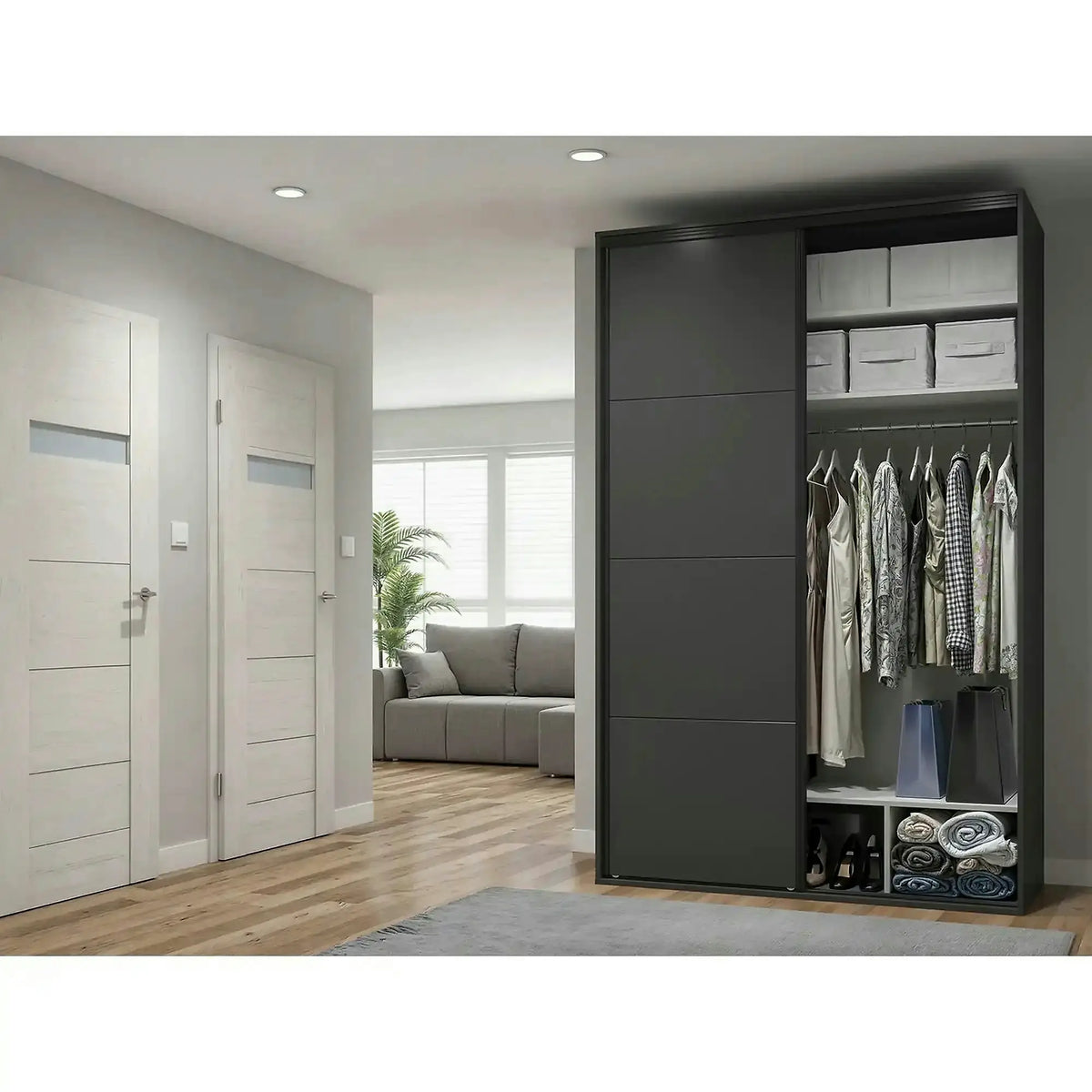 Dulap FLEX, gri grafit, PAL, cu 2 usi, 150x66x240 cm