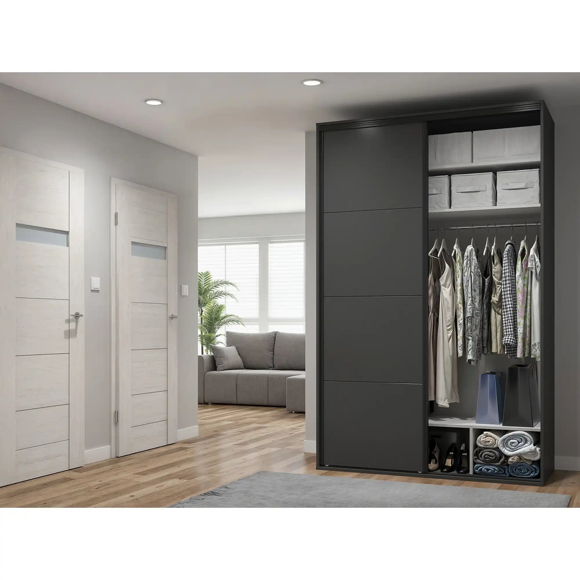 Dulap FLEX, gri grafit, PAL, cu 2 usi, 150x66x240 cm