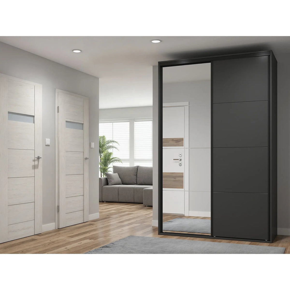 Dulap FLEX, gri grafit, PAL, cu 2 usi si oglinda, 150x66x240 cm