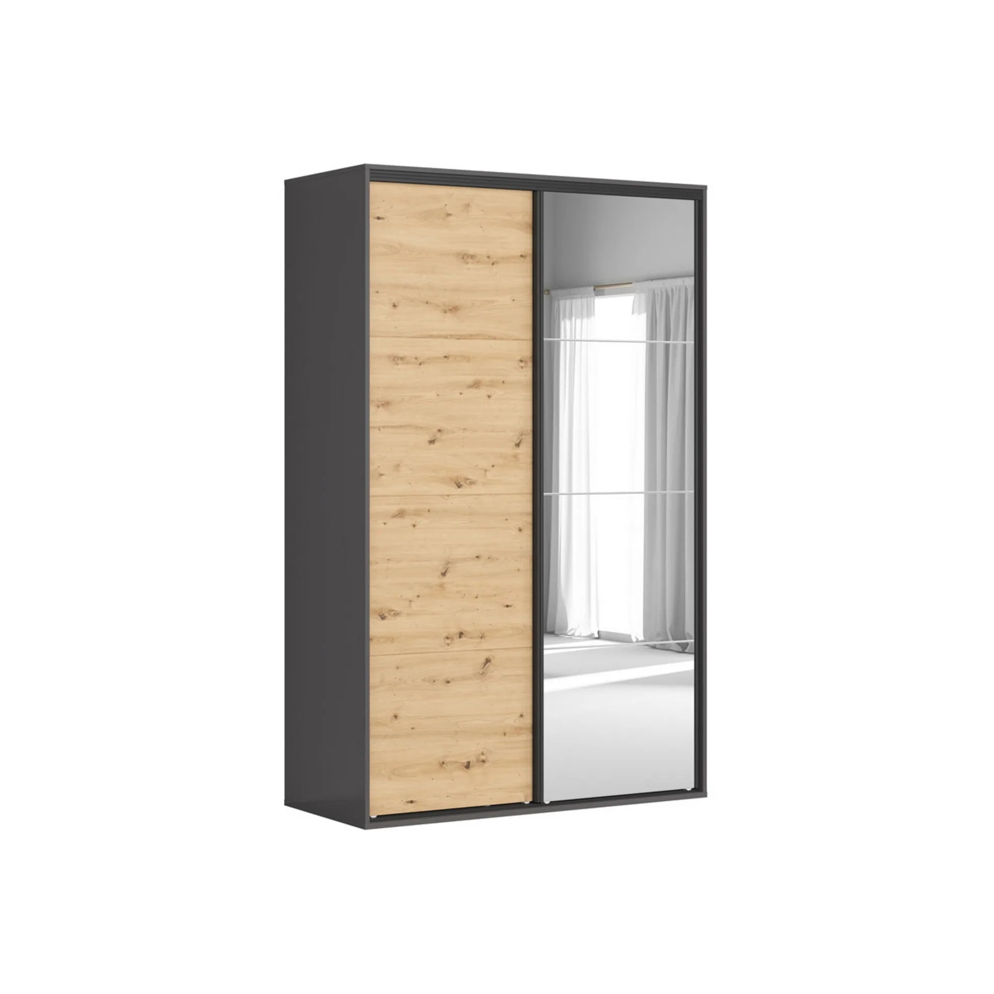 Dulap FLEX, gri grafit/stejar artisan, cu 2 usi si oglinda, 150x66x240 cm