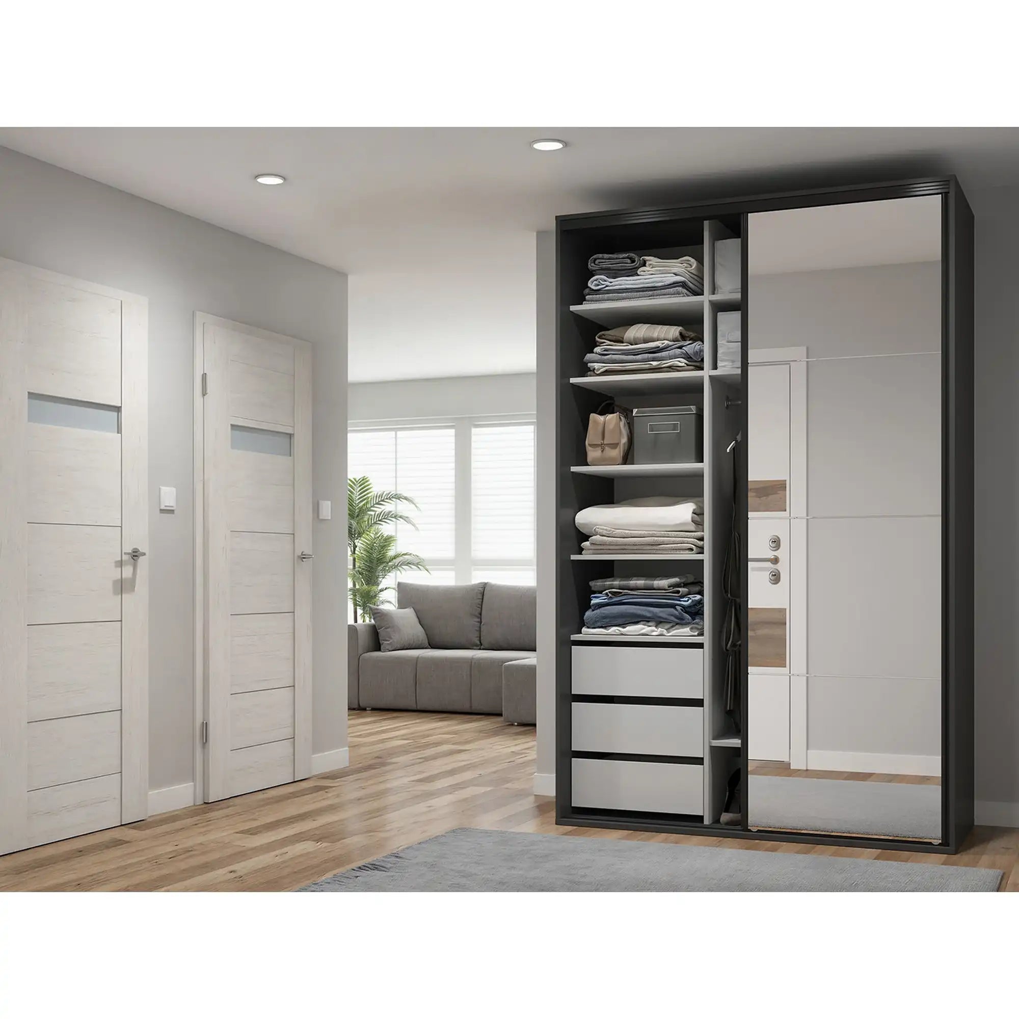 Dulap FLEX, gri grafit/stejar artisan, cu 2 usi si oglinda, 150x66x240 cm