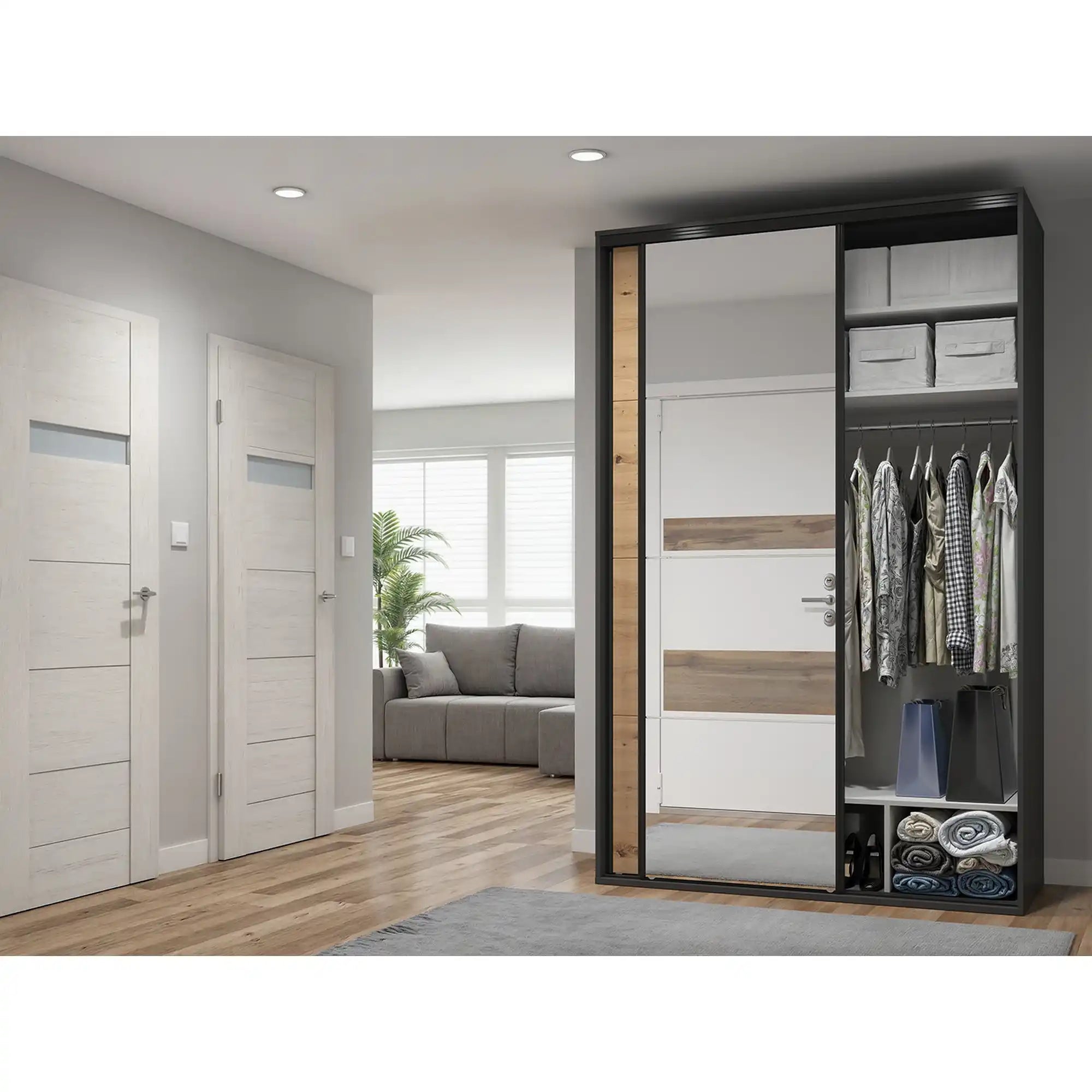 Dulap FLEX, gri grafit/stejar artisan, cu 2 usi si oglinda, 150x66x240 cm