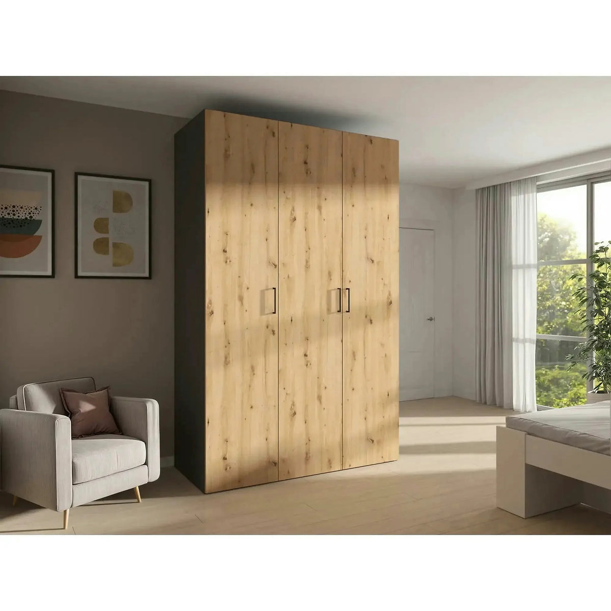 Dulap FLEX, gri grafit/stejar artisan, PAL, cu 3 usi, 150x66x240 cm