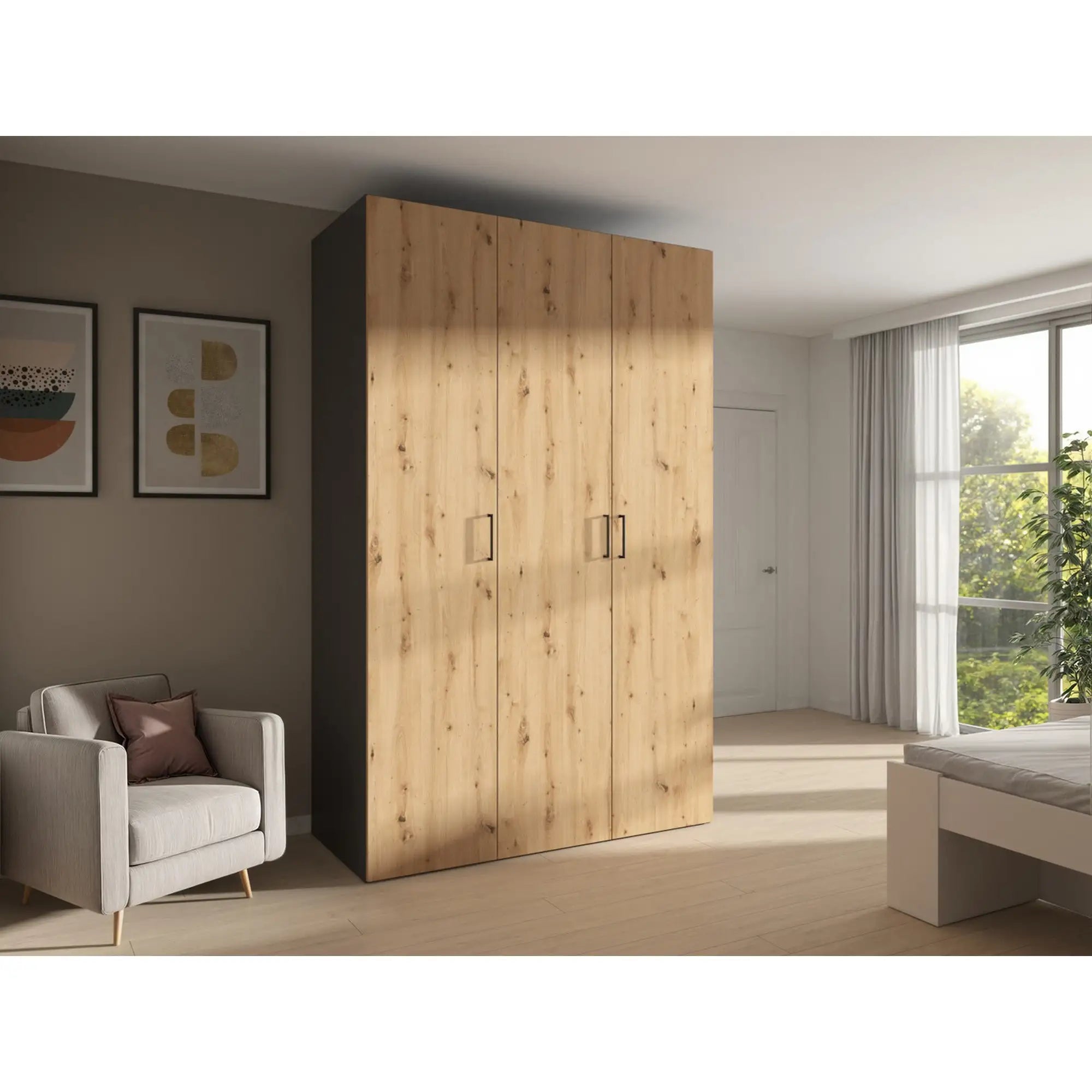 Dulap FLEX, gri grafit/stejar artisan, PAL, cu 3 usi, 150x66x240 cm