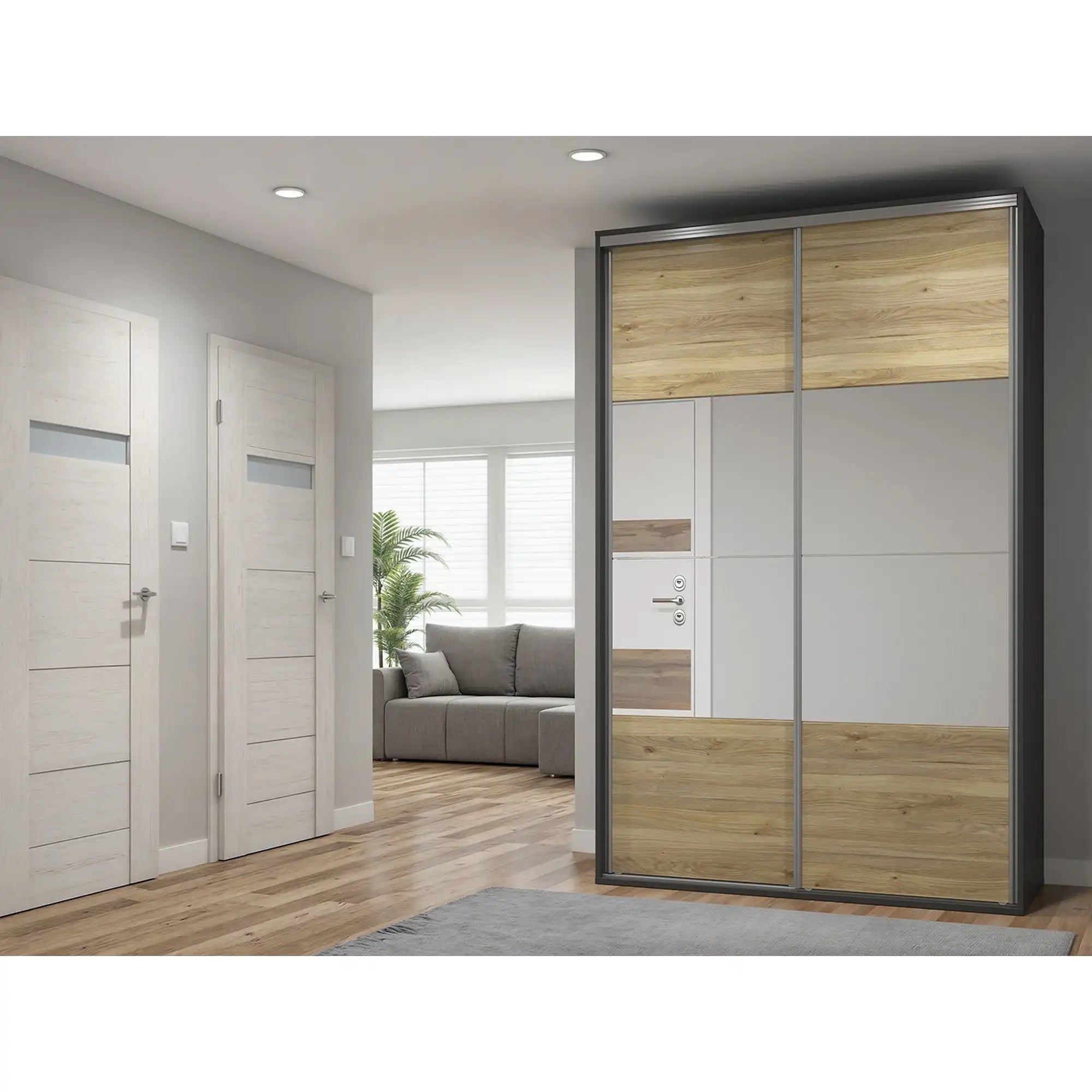 Dulap FLEX, gri grafit/stejar, cu 2 usi si 2 oglinzi, 150x66x240 cm