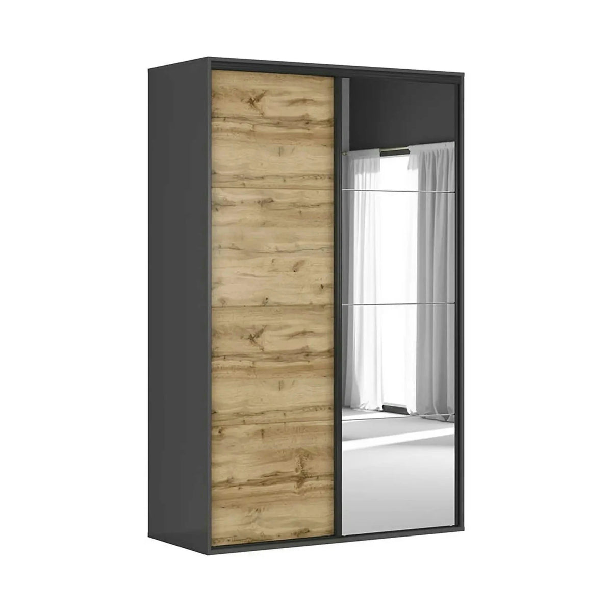 Dulap FLEX, gri grafit/stejar wotan, PAL, cu 2 usi si oglinda, 150x66x240 cm