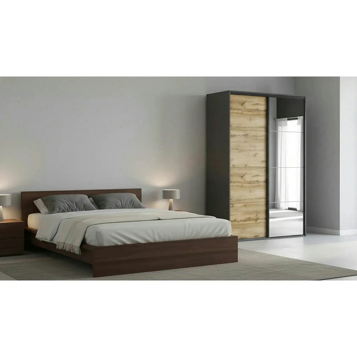 Dulap FLEX, gri grafit/stejar wotan, PAL, cu 2 usi si oglinda, 150x66x240 cm