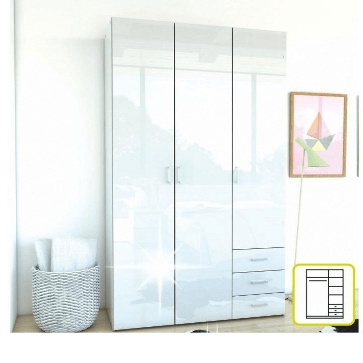 Dulap GWEN 70427, alb, PAL, cu 3 usi si 3 sertare, 116x50x200 cm