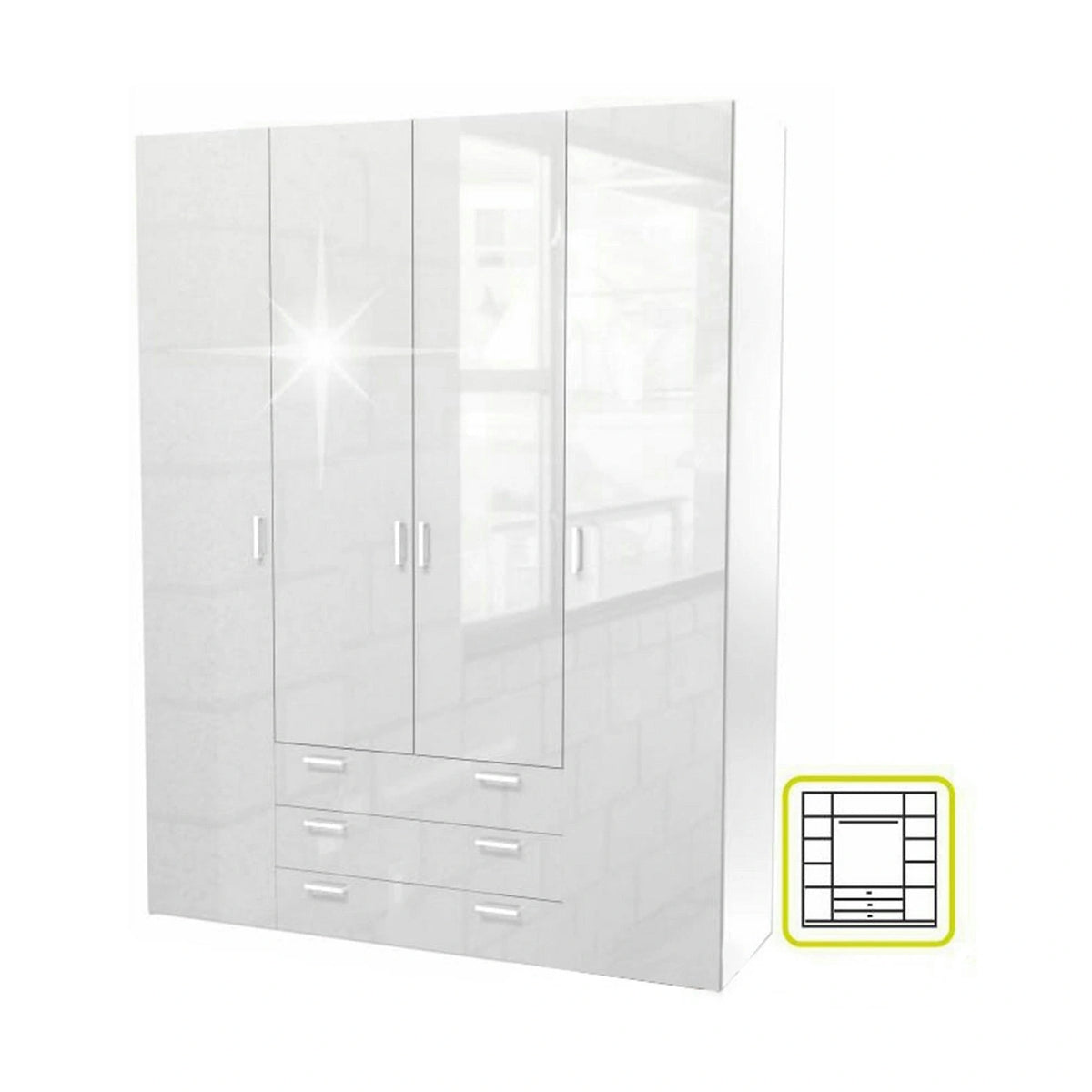 Dulap GWEN 70429, alb, PAL, cu 4 usi si 3 sertare, 154x50x200 cm