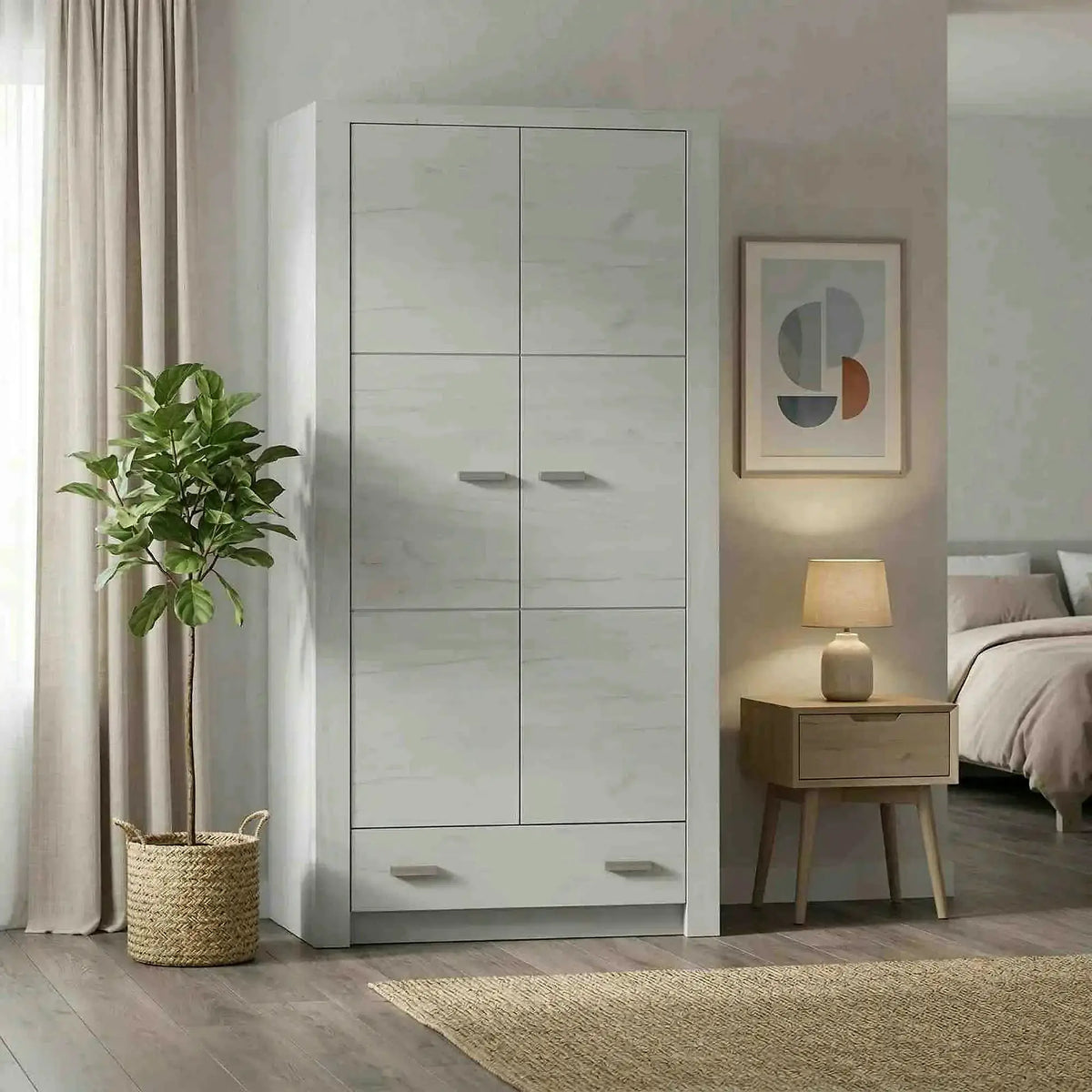 Dulap INFINITY I-01, frasin alb, PAL melaminat, cu 2 usi si un sertar, 96x58x192 cm