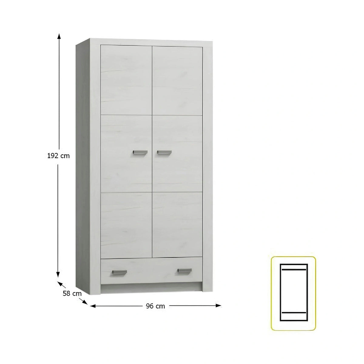 Dulap INFINITY I-01, frasin alb, PAL melaminat, cu 2 usi si un sertar, 96x58x192 cm